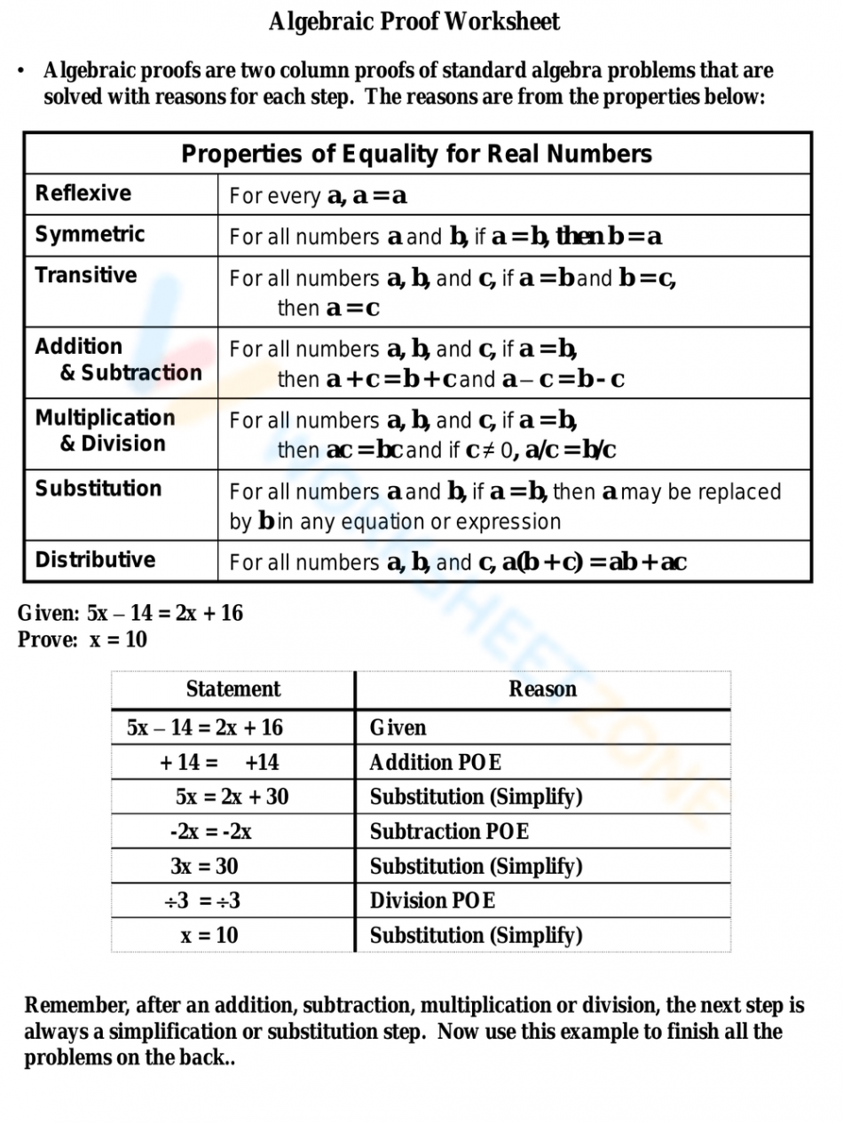 Free Printable Algebraic Proofs Worksheets for Students