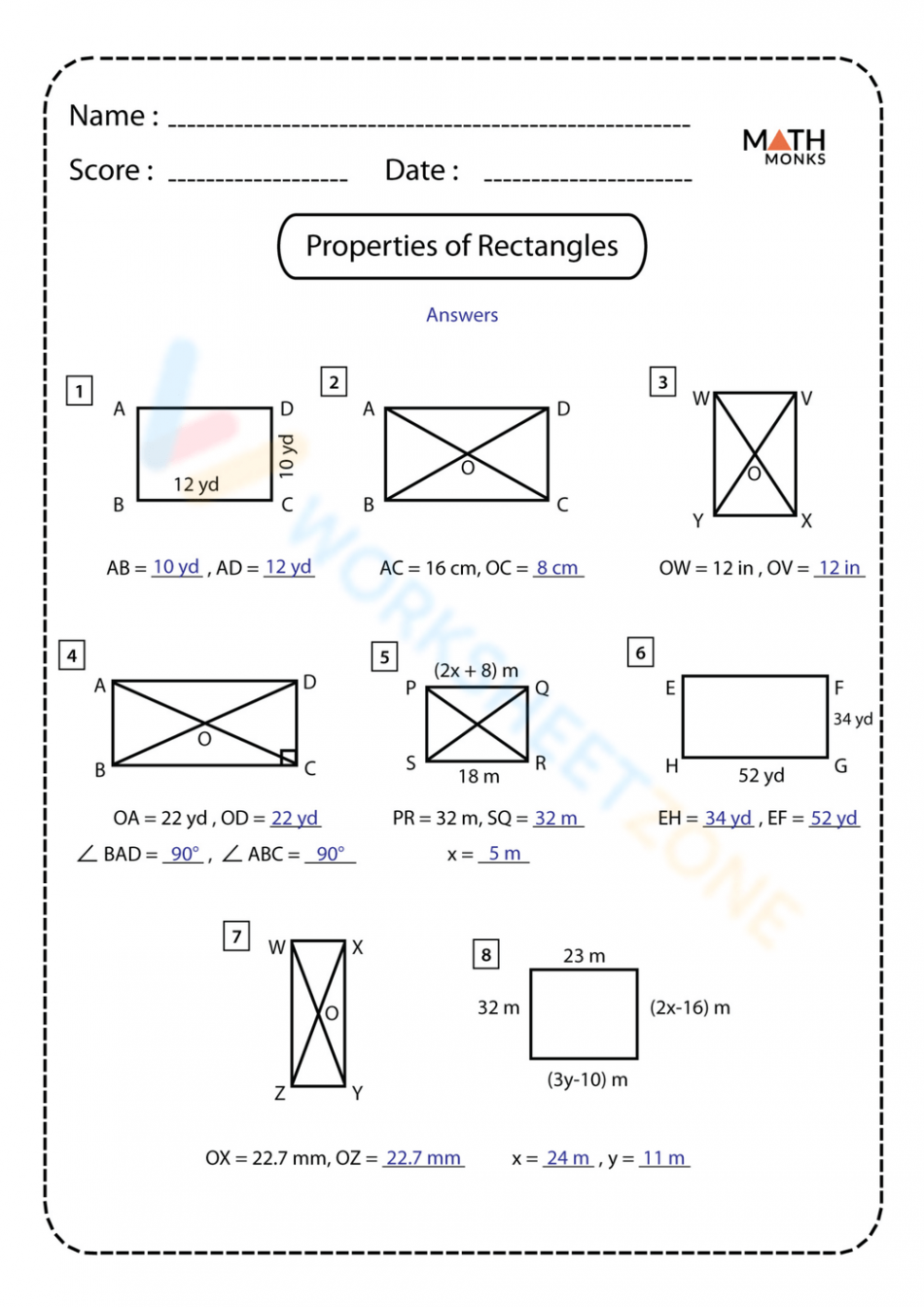 Free Properties of Rectangles Worksheets for Students