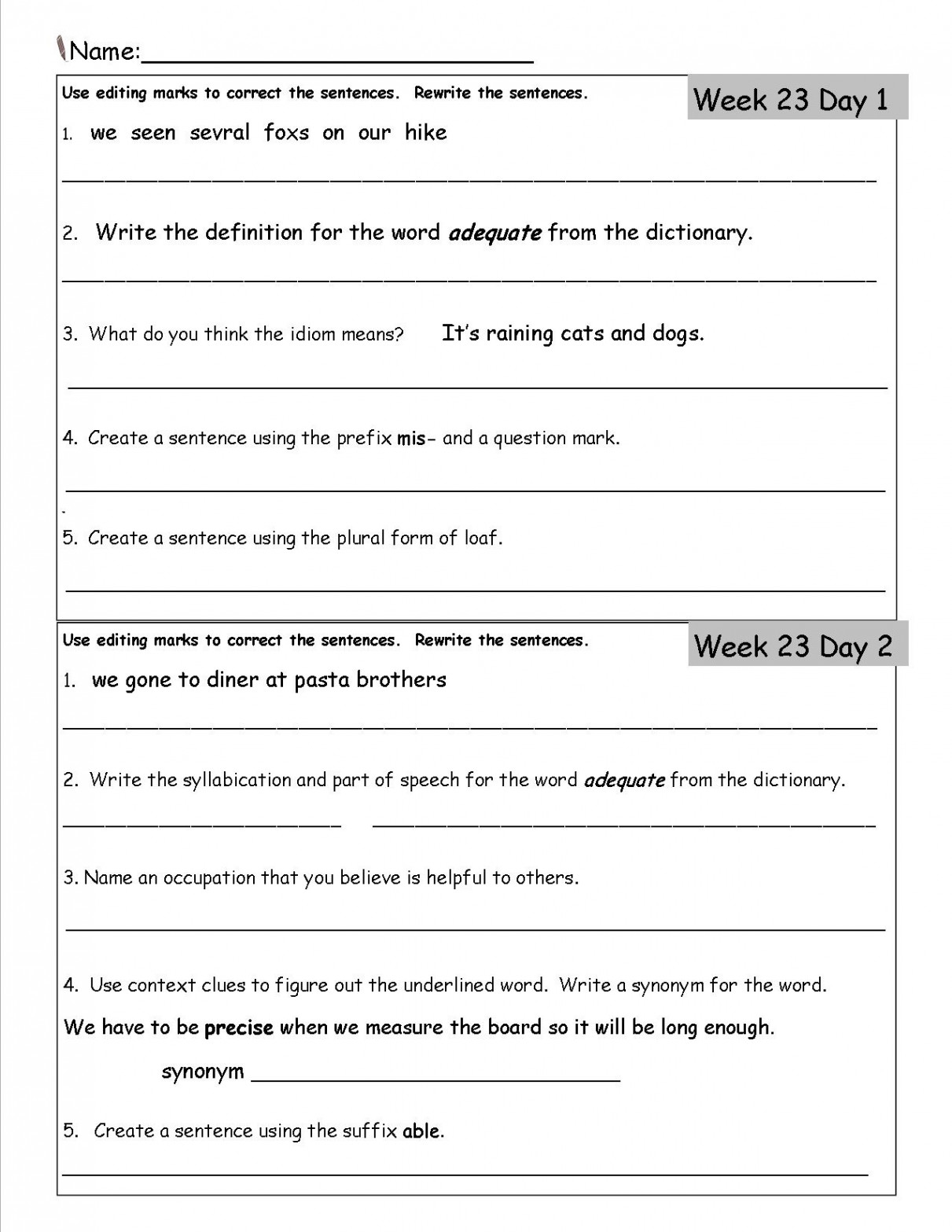 Free rd Grade Daily Language Worksheets