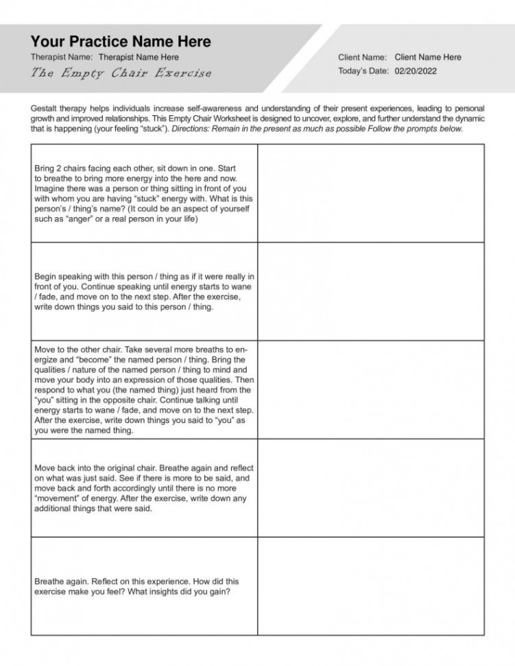 Gestalt Therapy Empty Chair Exercise Worksheet (Editable, Fillable,  Printable PDF)