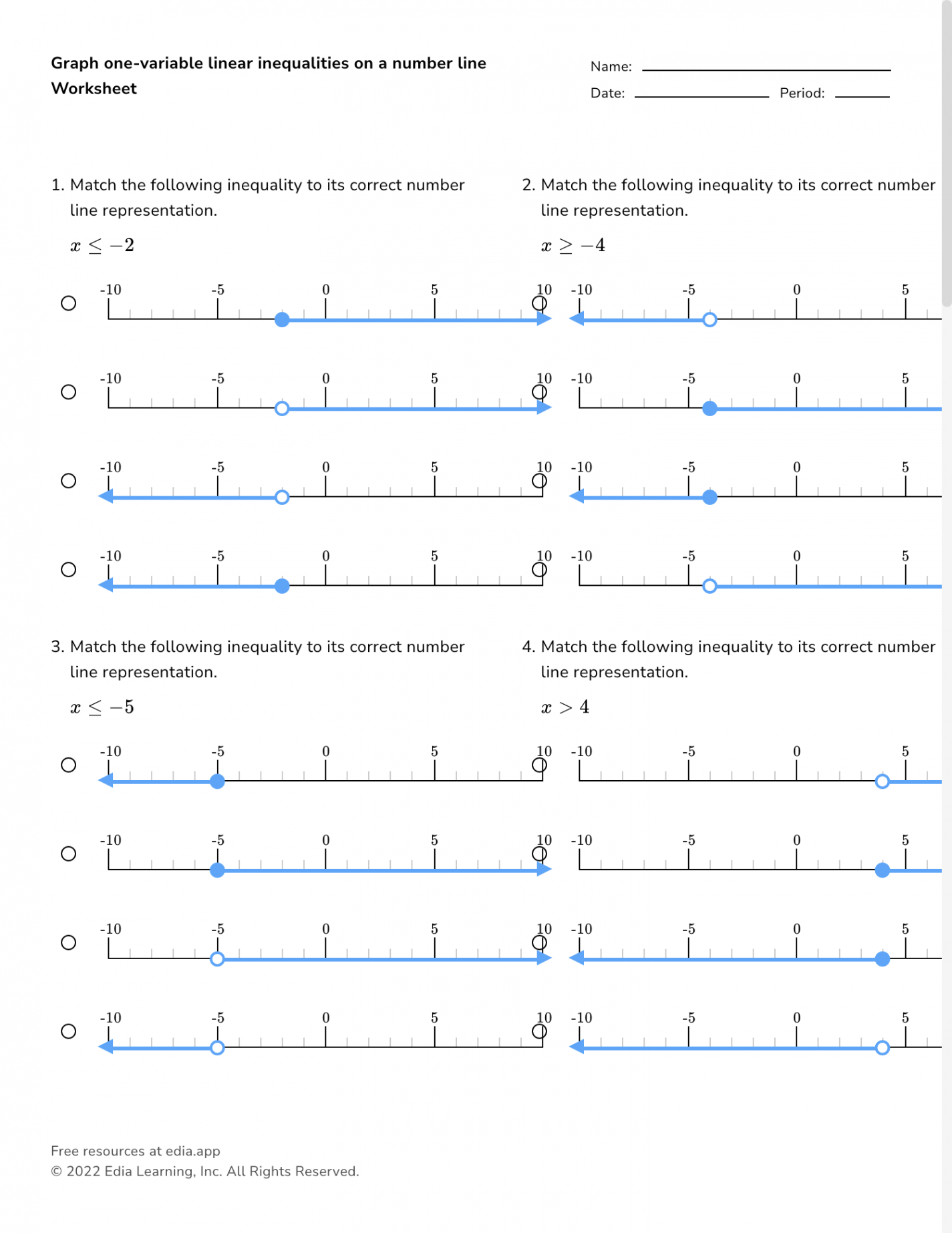 Graph One-variable Linear Inequalities On A Number Line - Worksheet