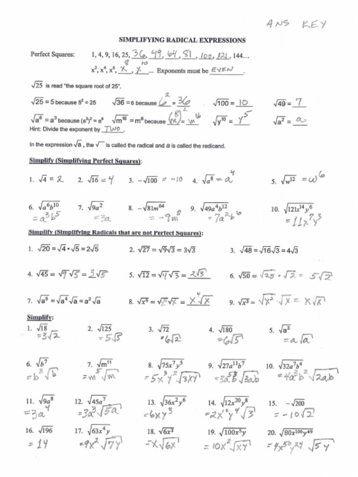 GV - Alg I.worksheet - Answers.simplifying - Radical