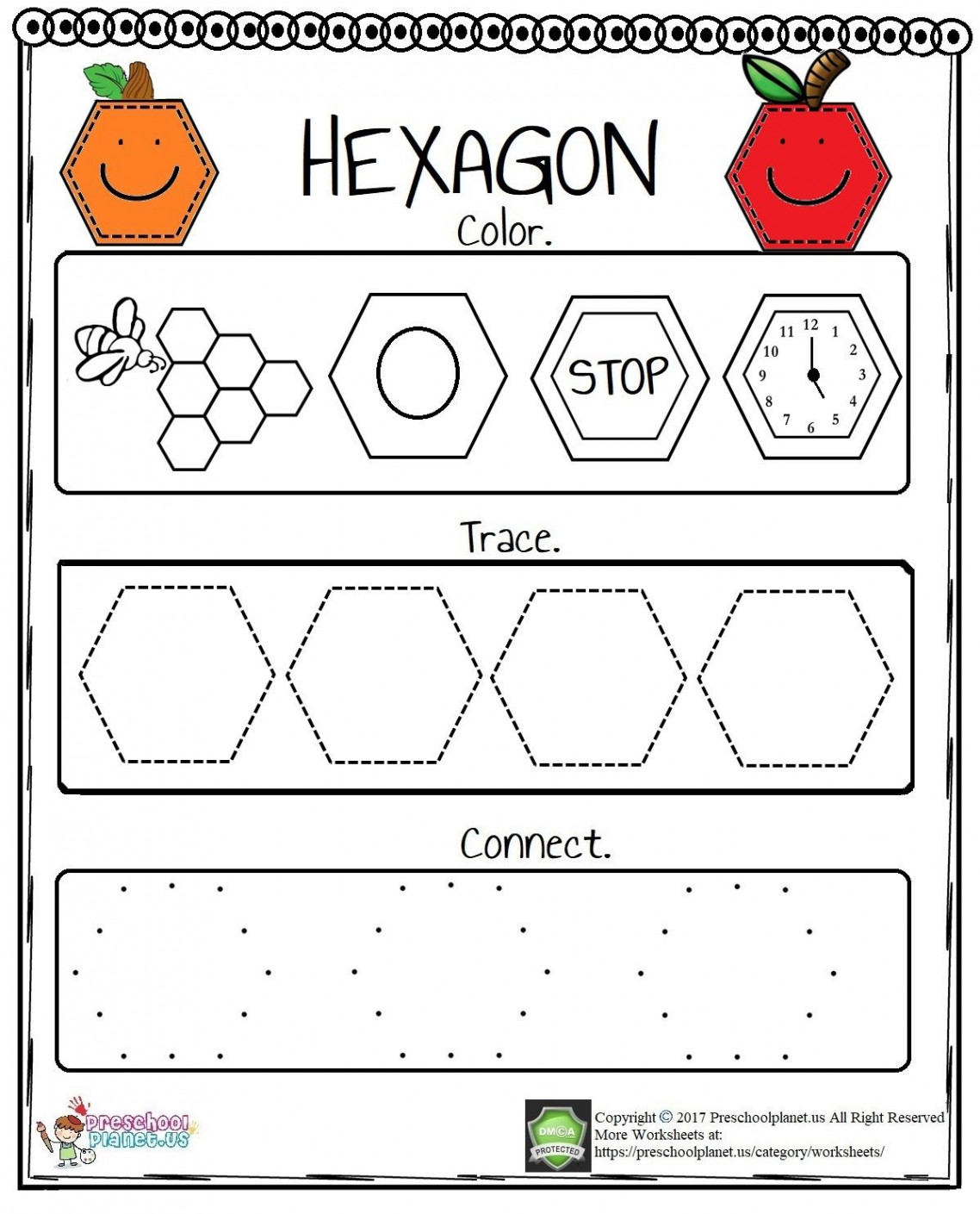 Hexagon Worksheet  Shapes preschool, Shape activities preschool