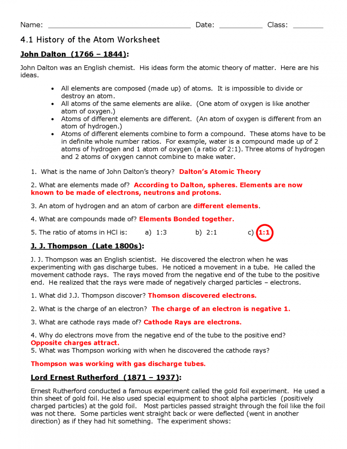 History of the Atom Worksheet  Exercises Chemistry  Docsity