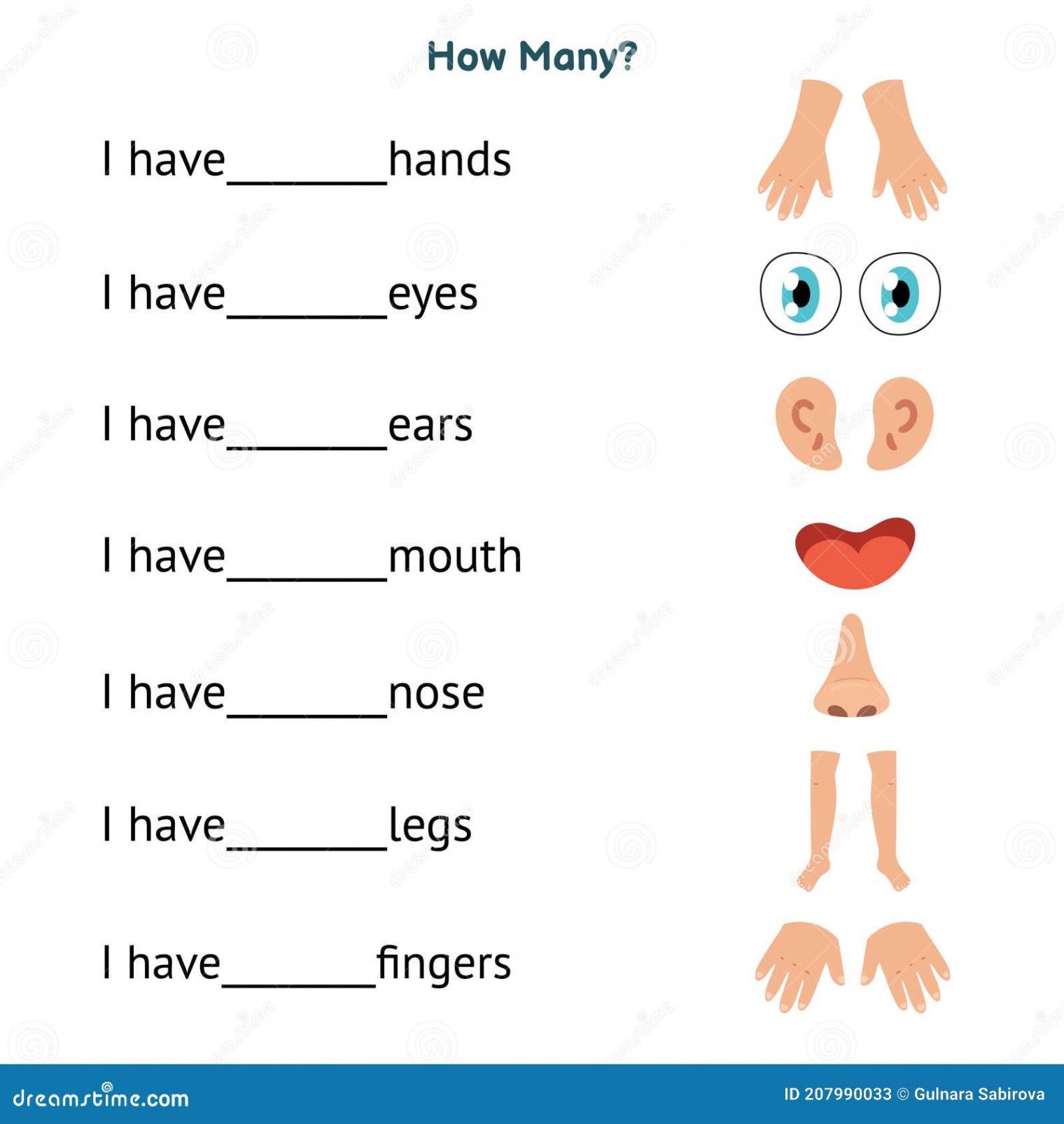 How Many Worksheet with Body Parts for Kids