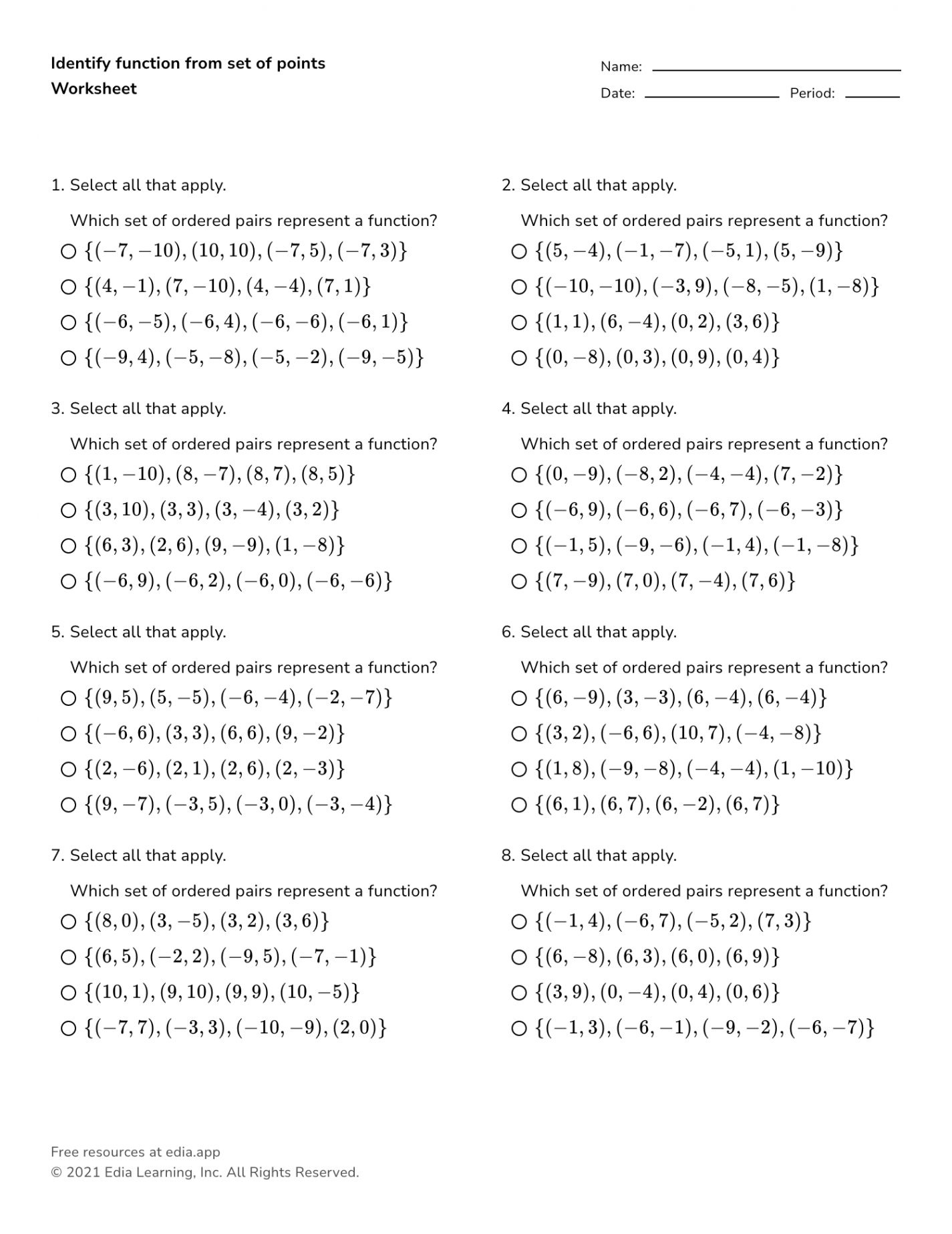 Identify Function From Set Of Points - Worksheet