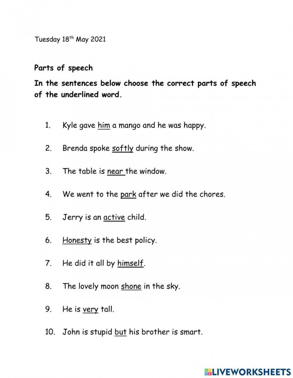 Identifying parts of speech interactive worksheet  Live Worksheets