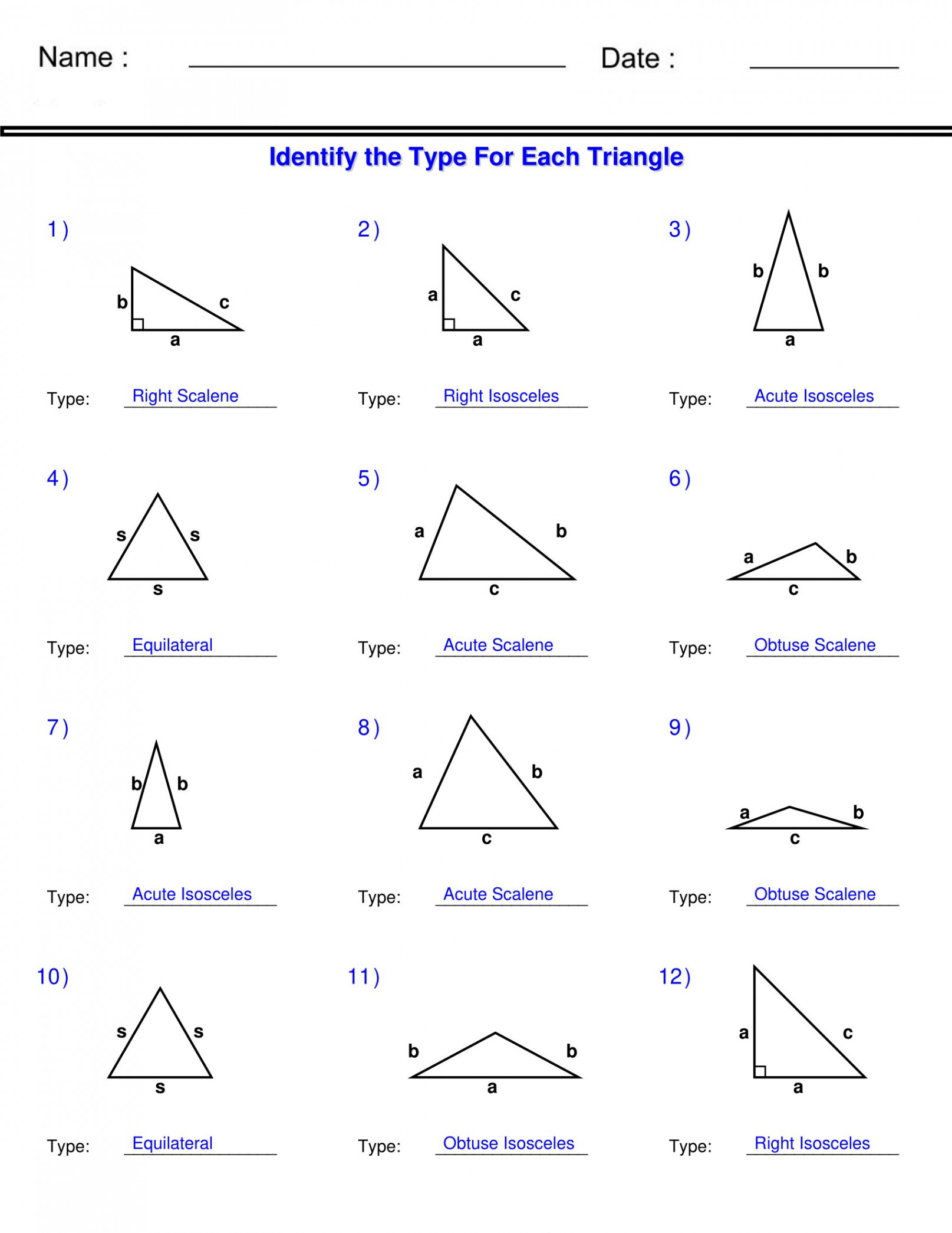 Identifying Triangles - Identify the Type For Each Triangle-Triangle  Worksheets