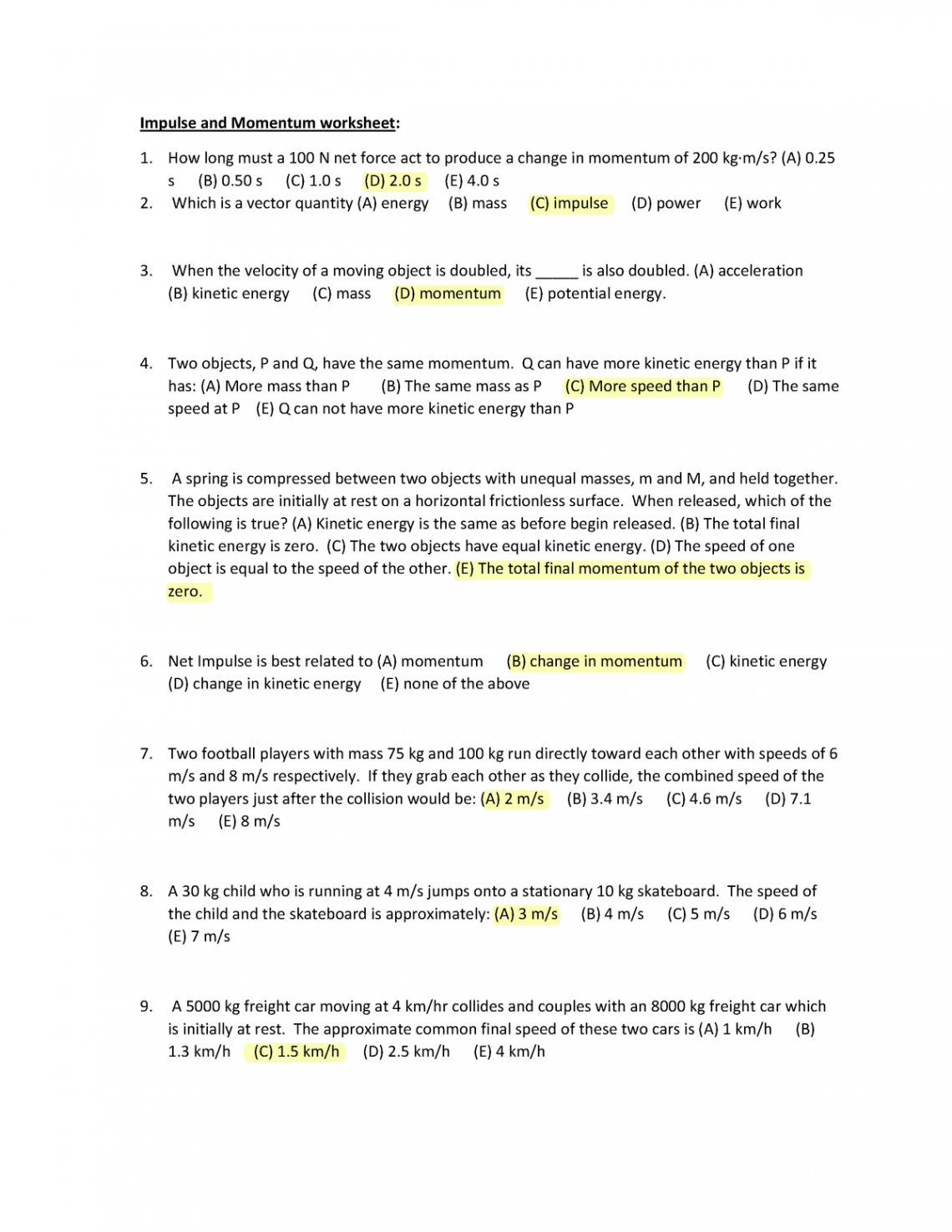 Impulse and Momentum worksheet - Impulse and Momentum worksheet