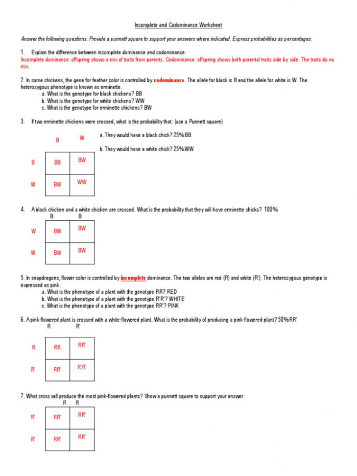 Incomplete and Codominance Worksheet KEY Utm  PDF