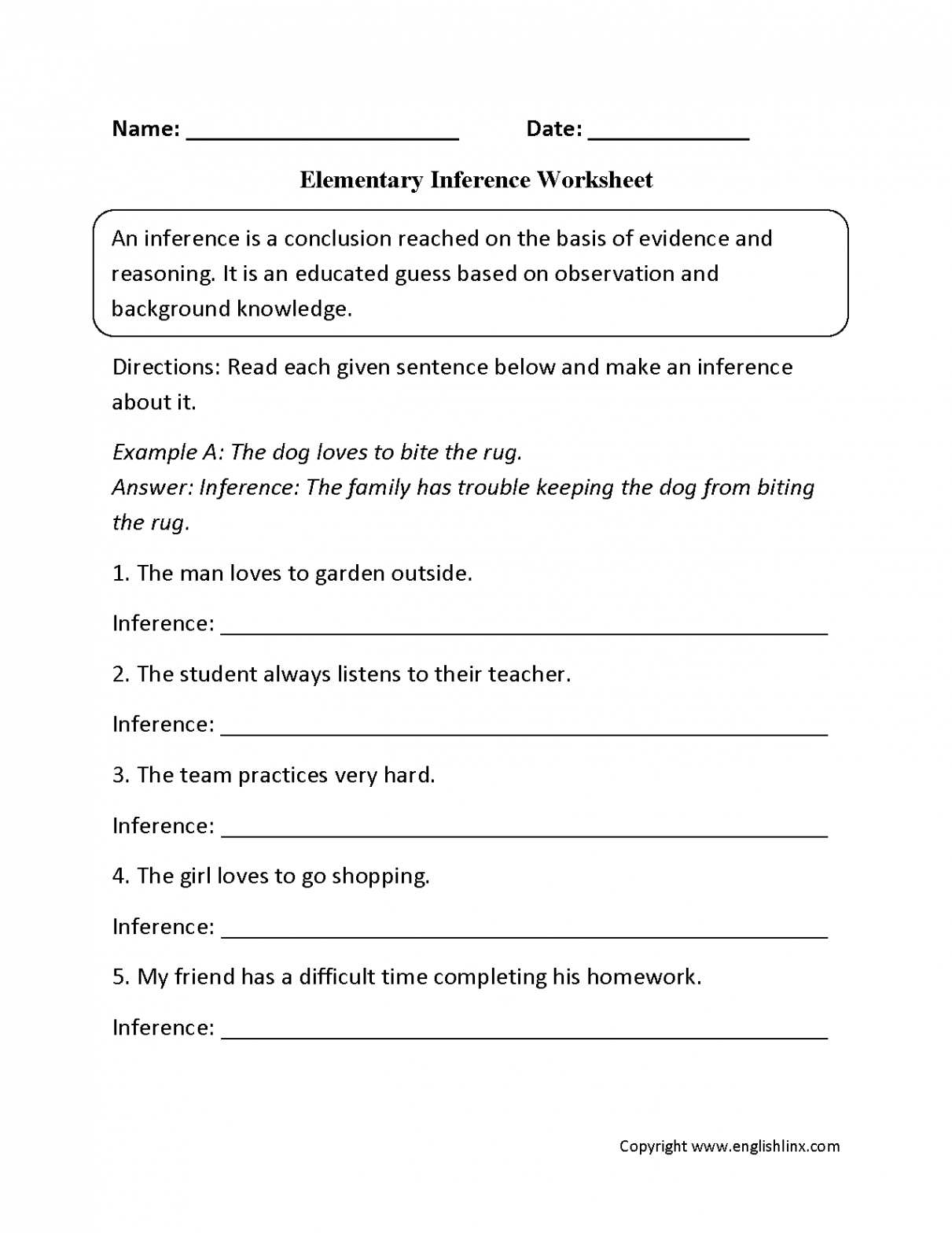 Inference Worksheets  Elementary Inference Worksheets