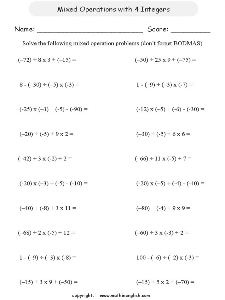 $ Integer Mixed Operations P  PDF