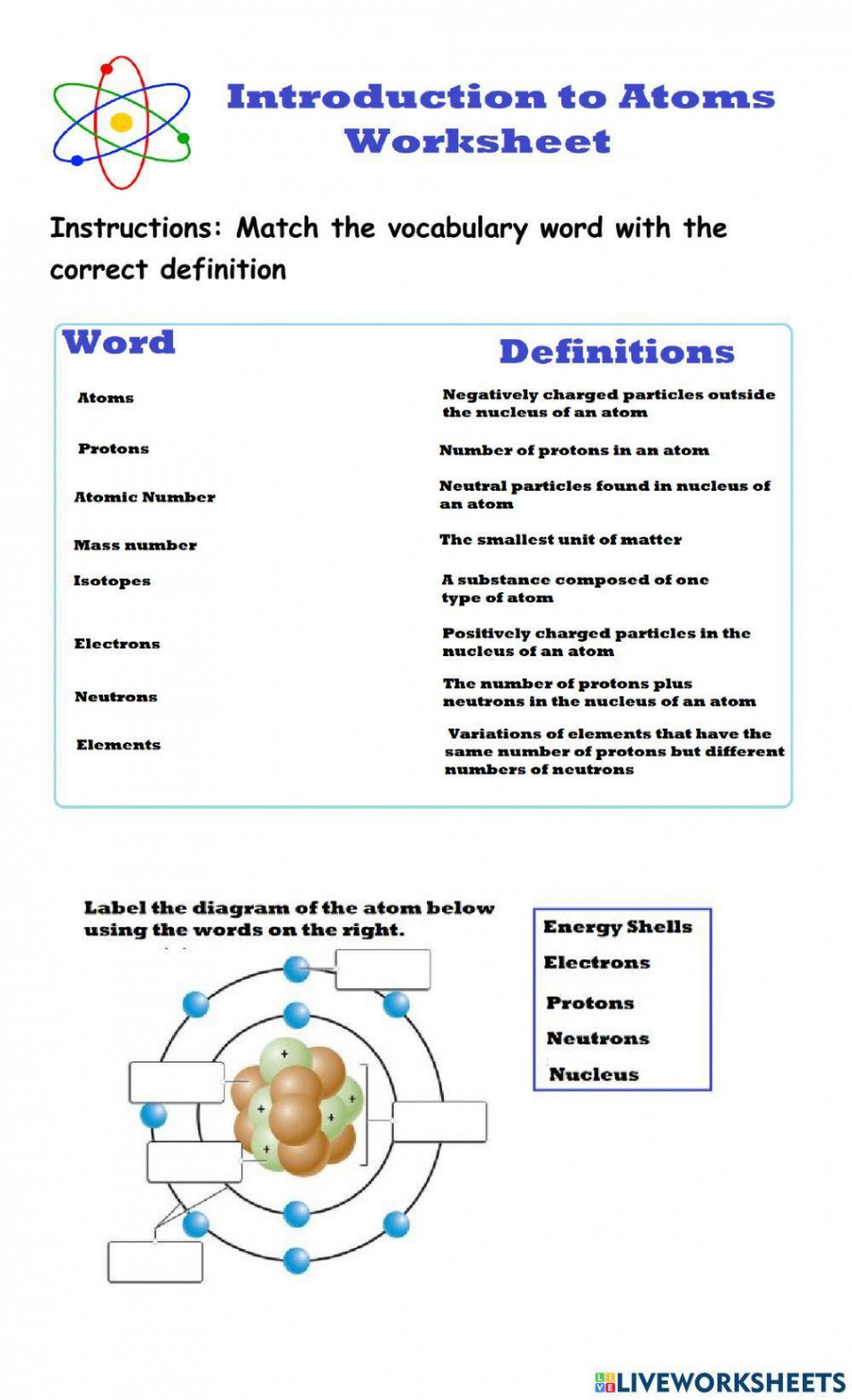 Intro to Atoms worksheet  Live Worksheets