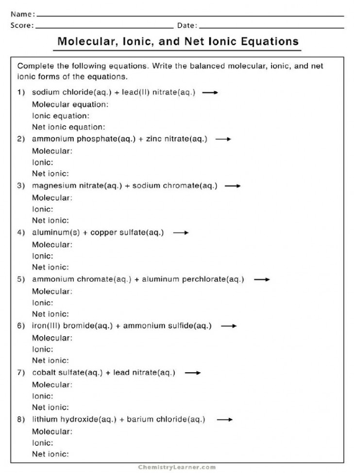 Ionic and Net Ionic Equations Worksheet  PDF