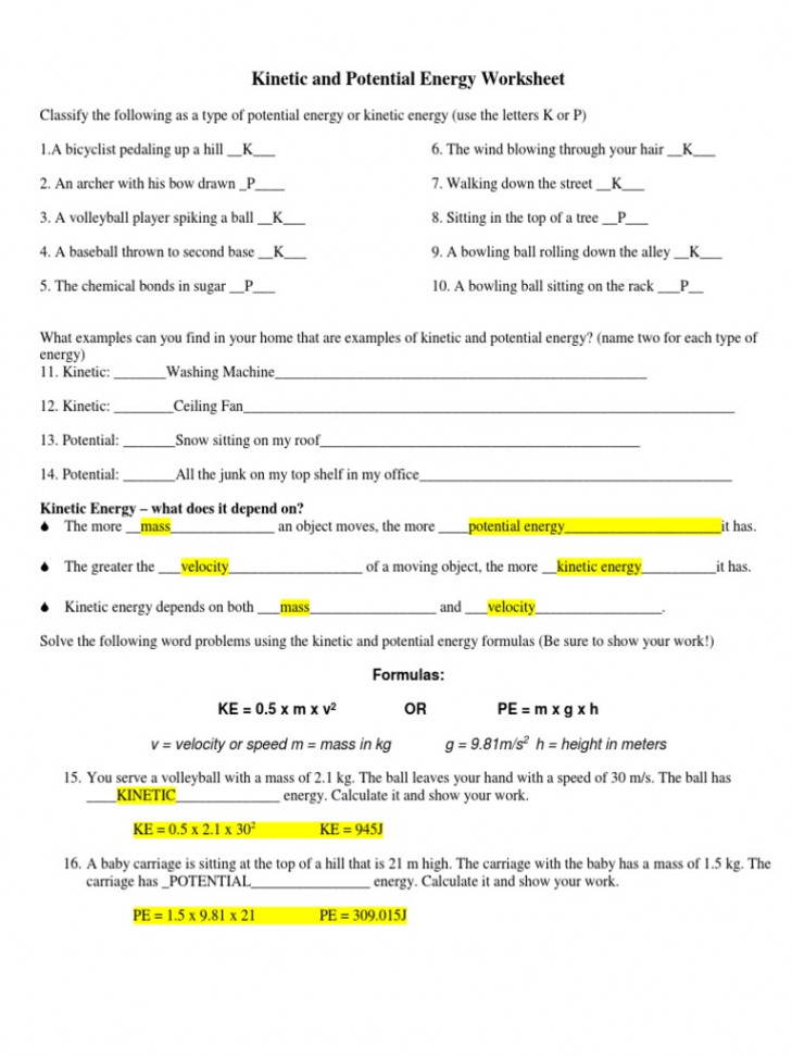 Kinetic and Potential Energy Worksheet Answer Key  PDF  Kinetic