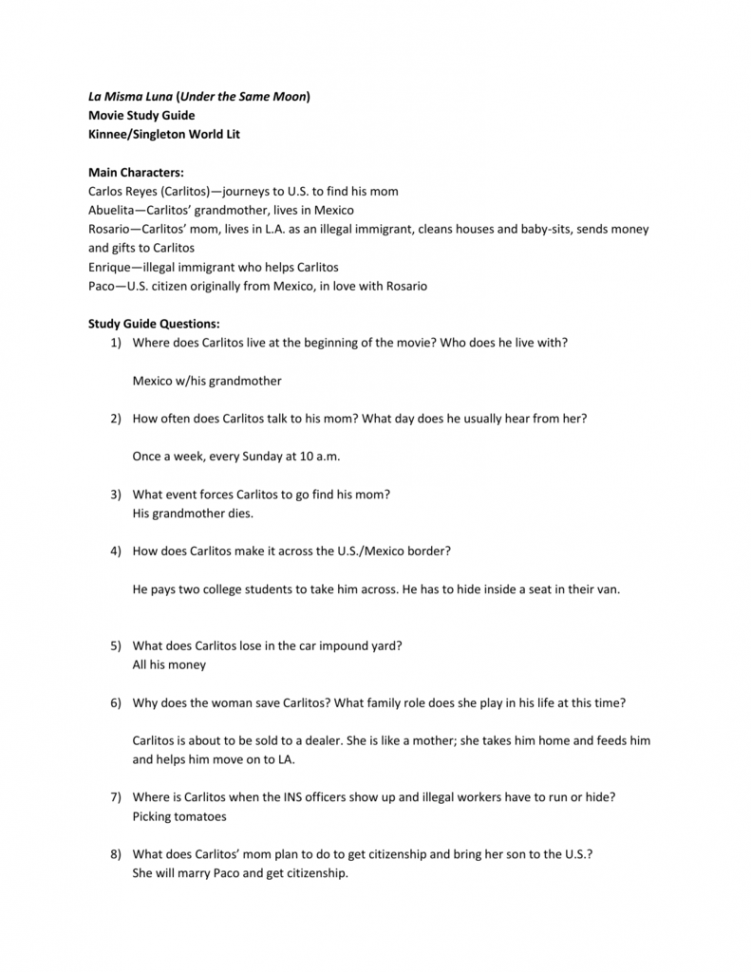 La Misma Luna (Under the Same Moon) Movie Study Guide Kinnee