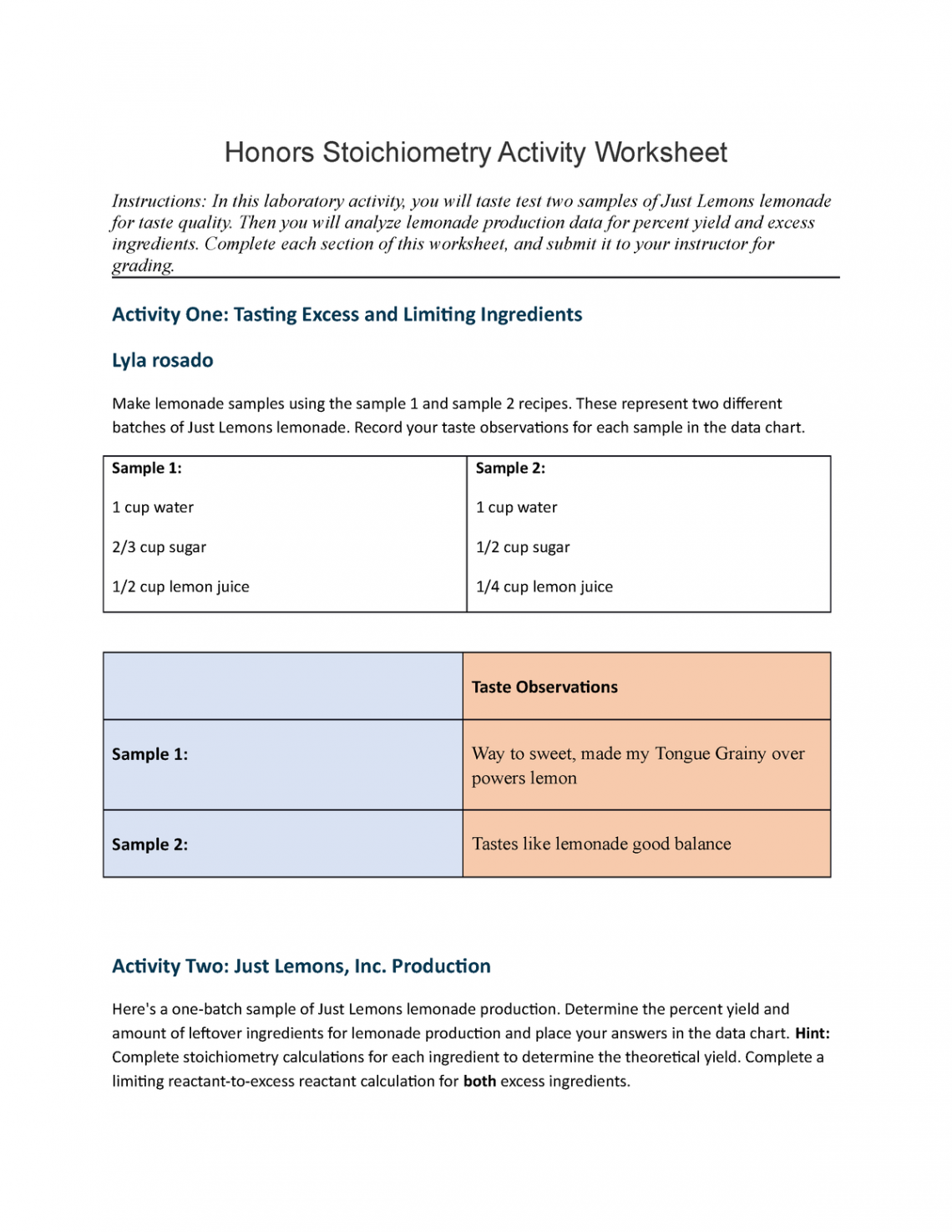 Lab worksheet copy copy - Honors Stoichiometry Activity Worksheet