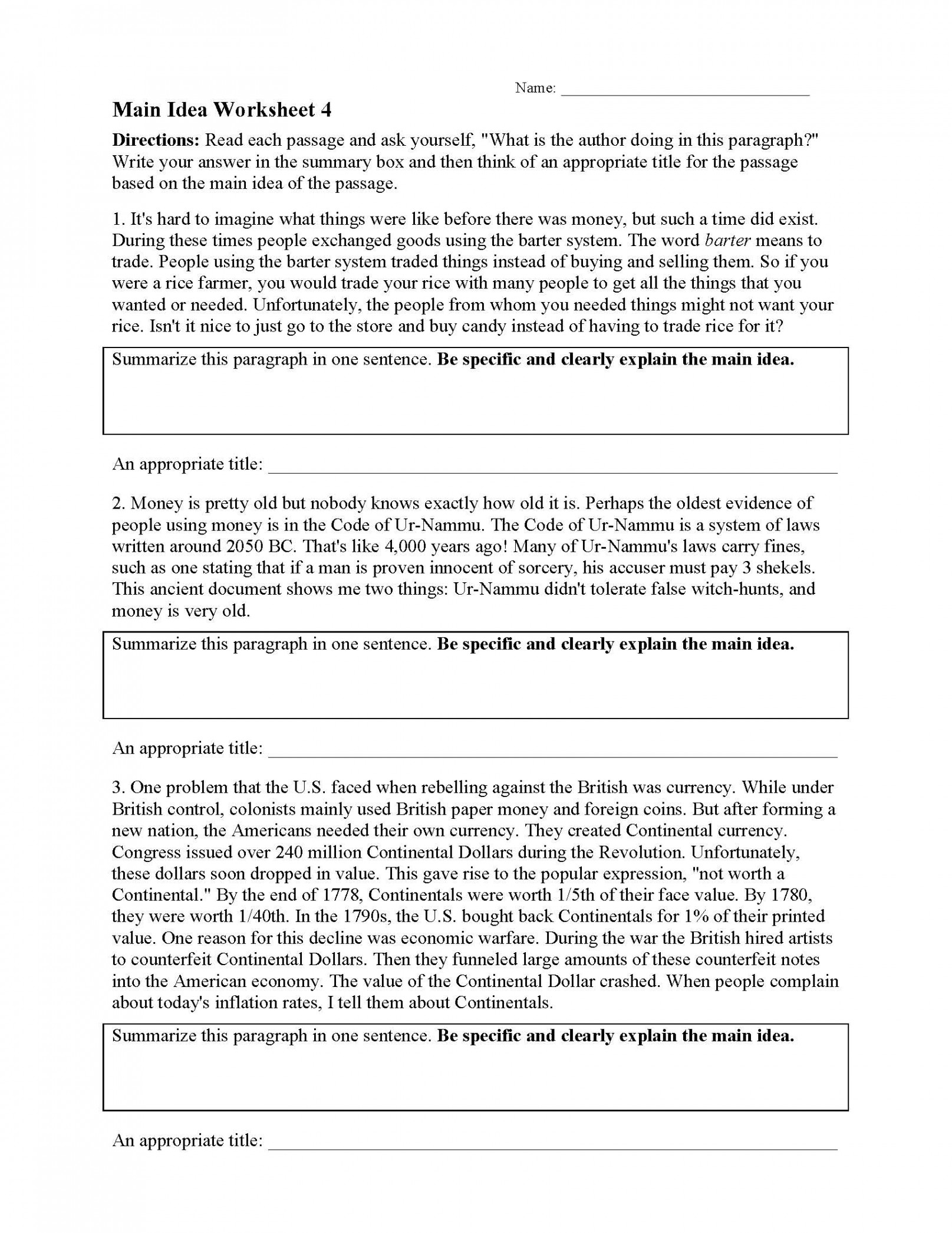 Main Idea Worksheet   Reading Activity