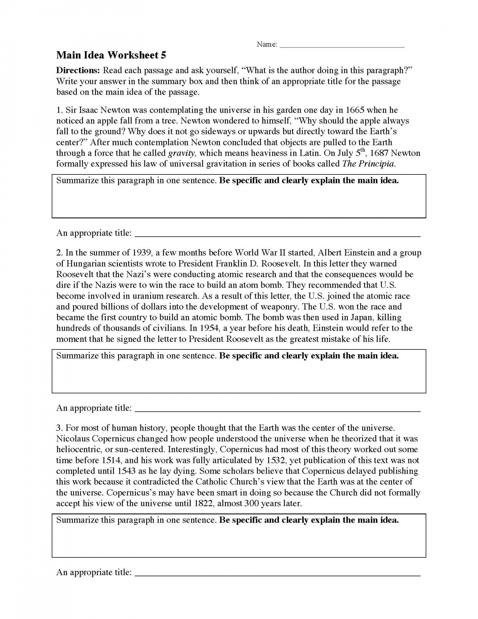 Main Idea Worksheet   Reading Activity