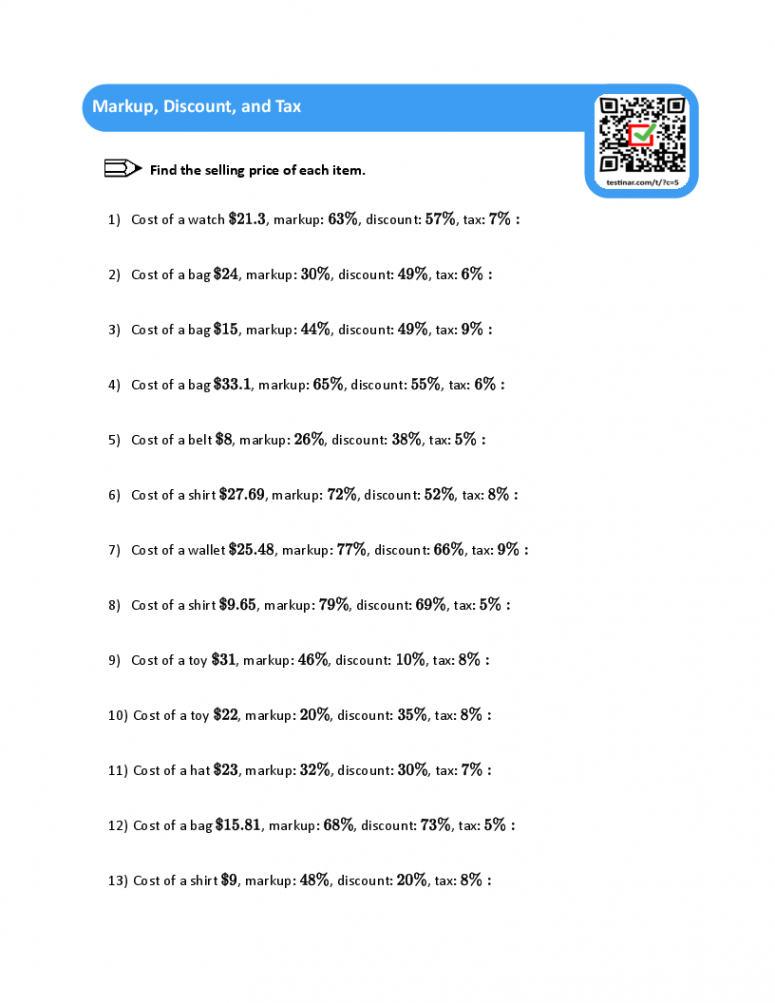 Markup, Discount, and Tax worksheets