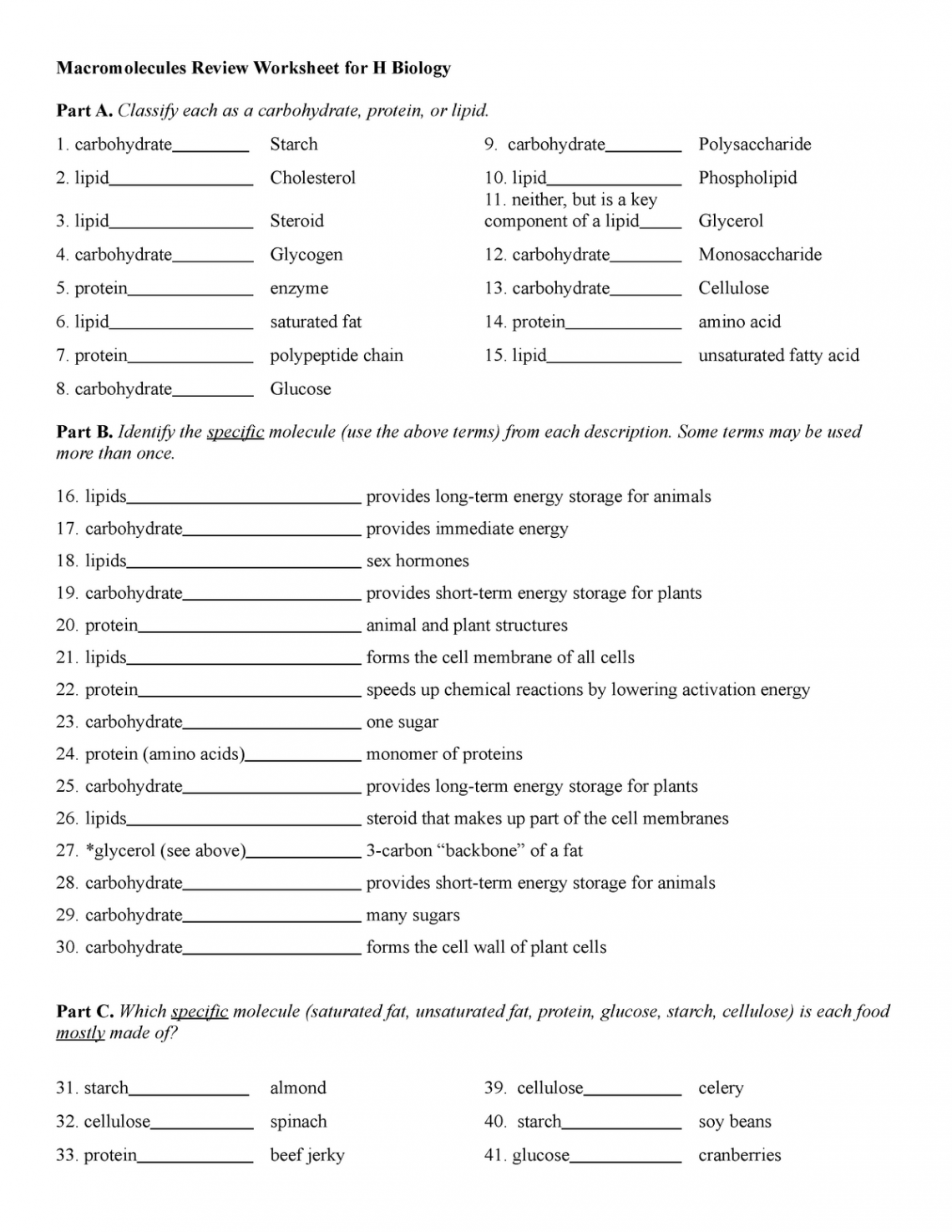 Marocmolecule review worksheet - answer key - Macromolecules