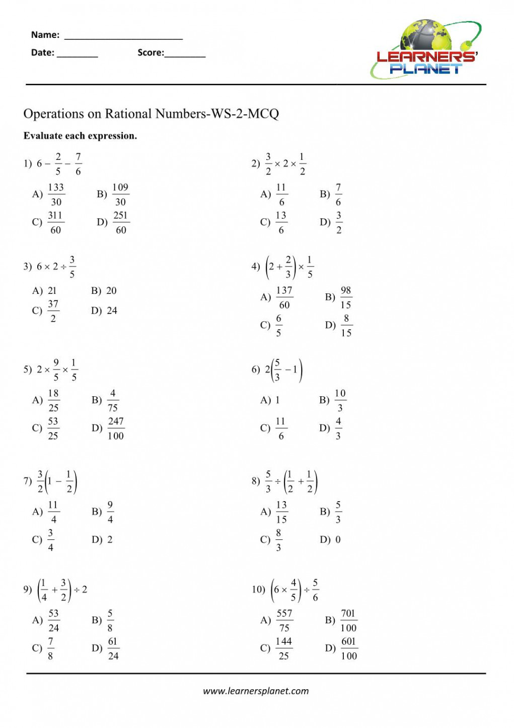 Math class  operations with rational numbers worksheets