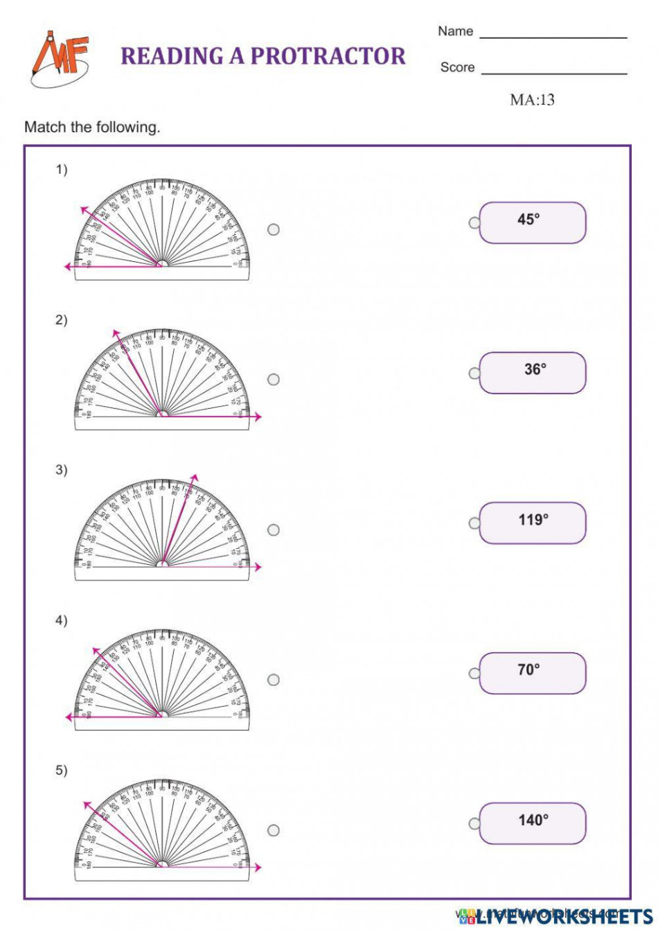 Measuring Angles using a protractor interactive worksheet  Live