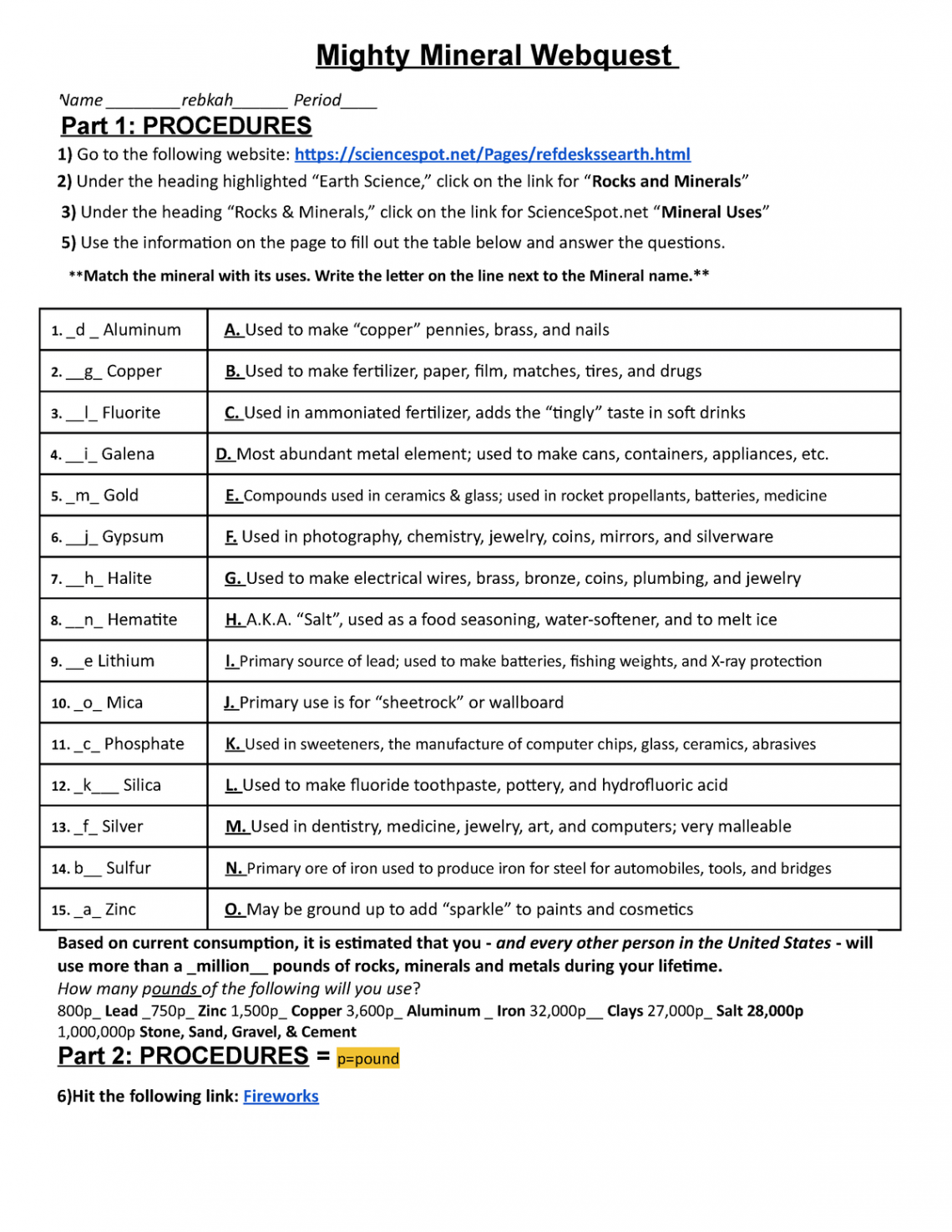 Mighy Minerals Webquest - Mighty Mineral Webquest Name rebkah Part