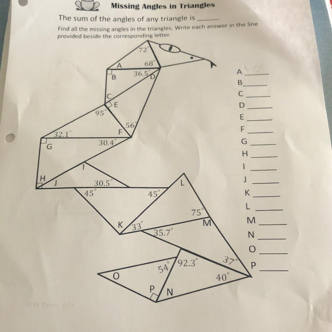 Missing angles in triangles worksheet - brainly