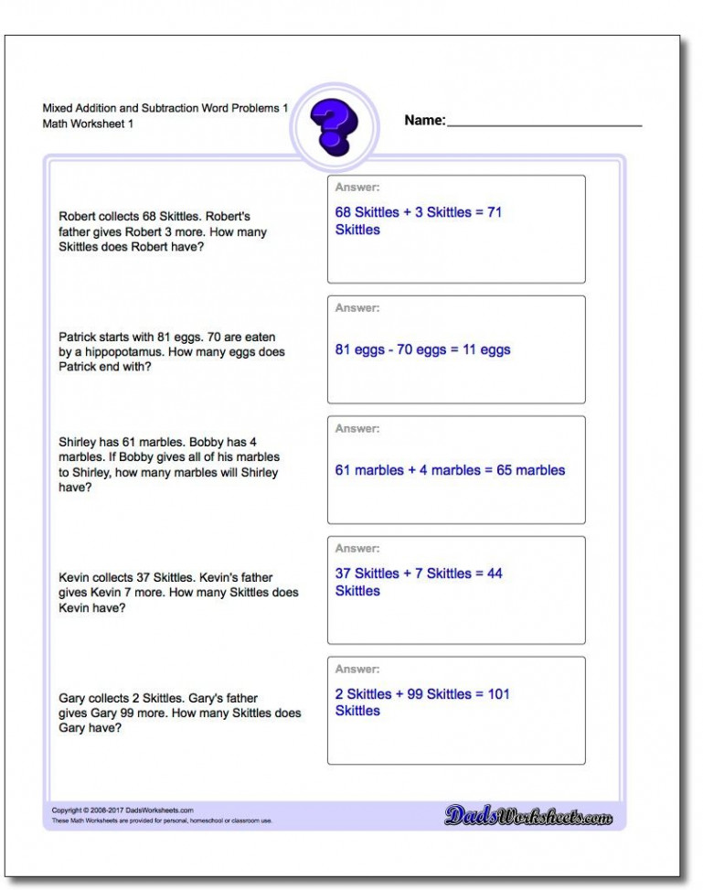 Mixed Addition Worksheet and Subtraction Worksheet Word Problems