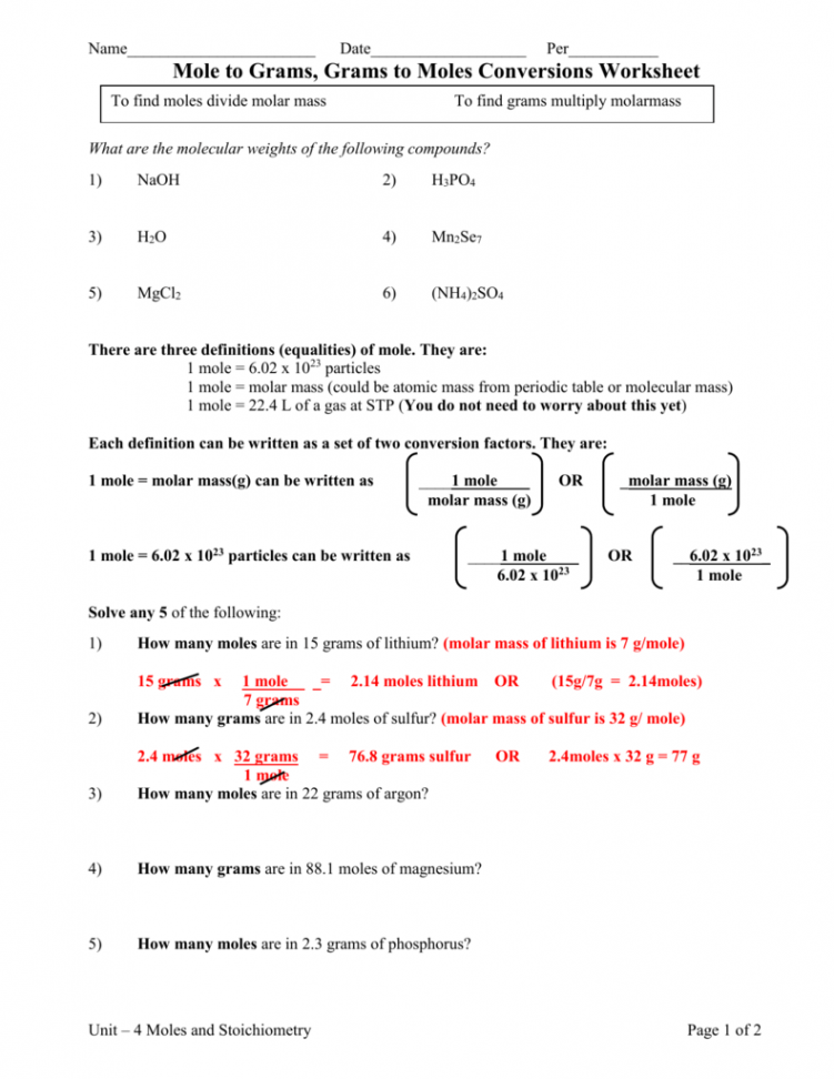 Mole Conversions Worksheets Answer Key  Chemistry worksheets