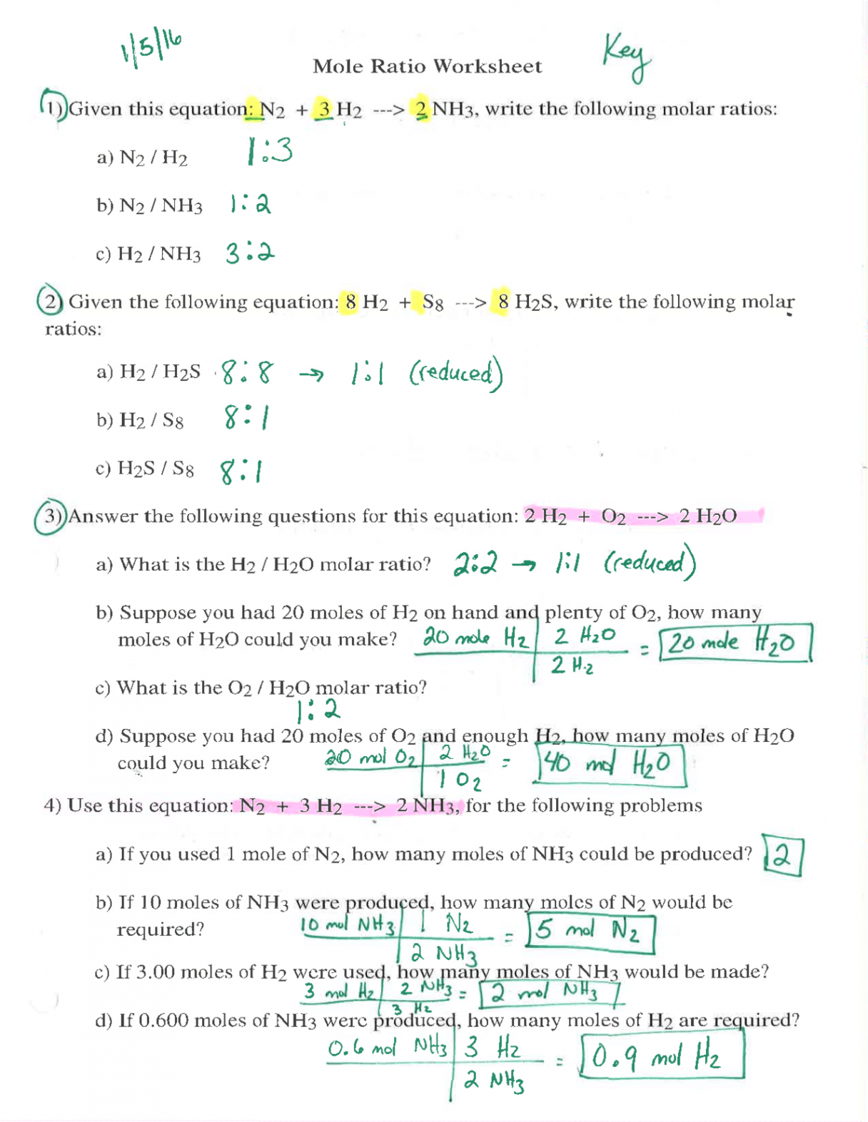 Mole Ratios Worksheet with Answers - Chemistry  Exercises