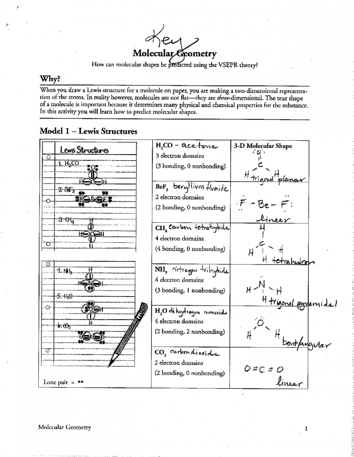 Molecular Geometry Worksheet Answer Key  Exercises Chemistry