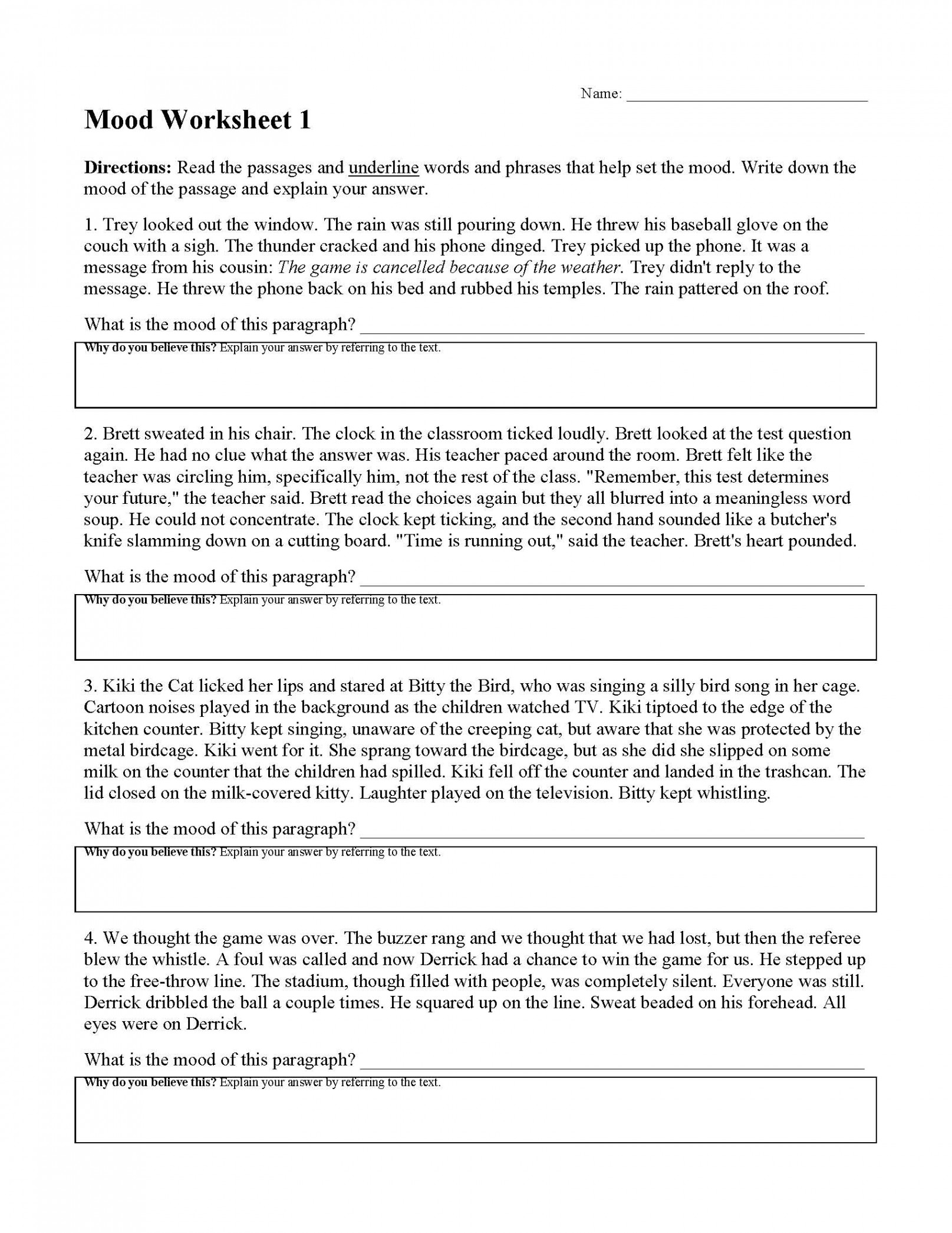 Mood Worksheets  Reading Comprehension Activities