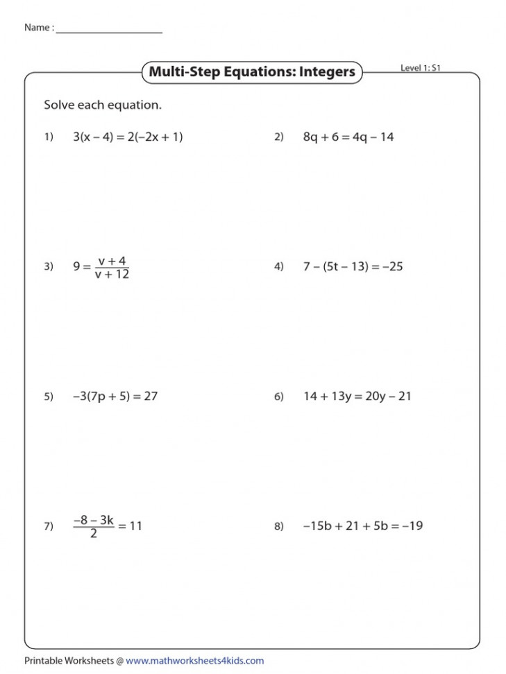 Multi-Step Equations: Integers: Solve Each Equation  PDF