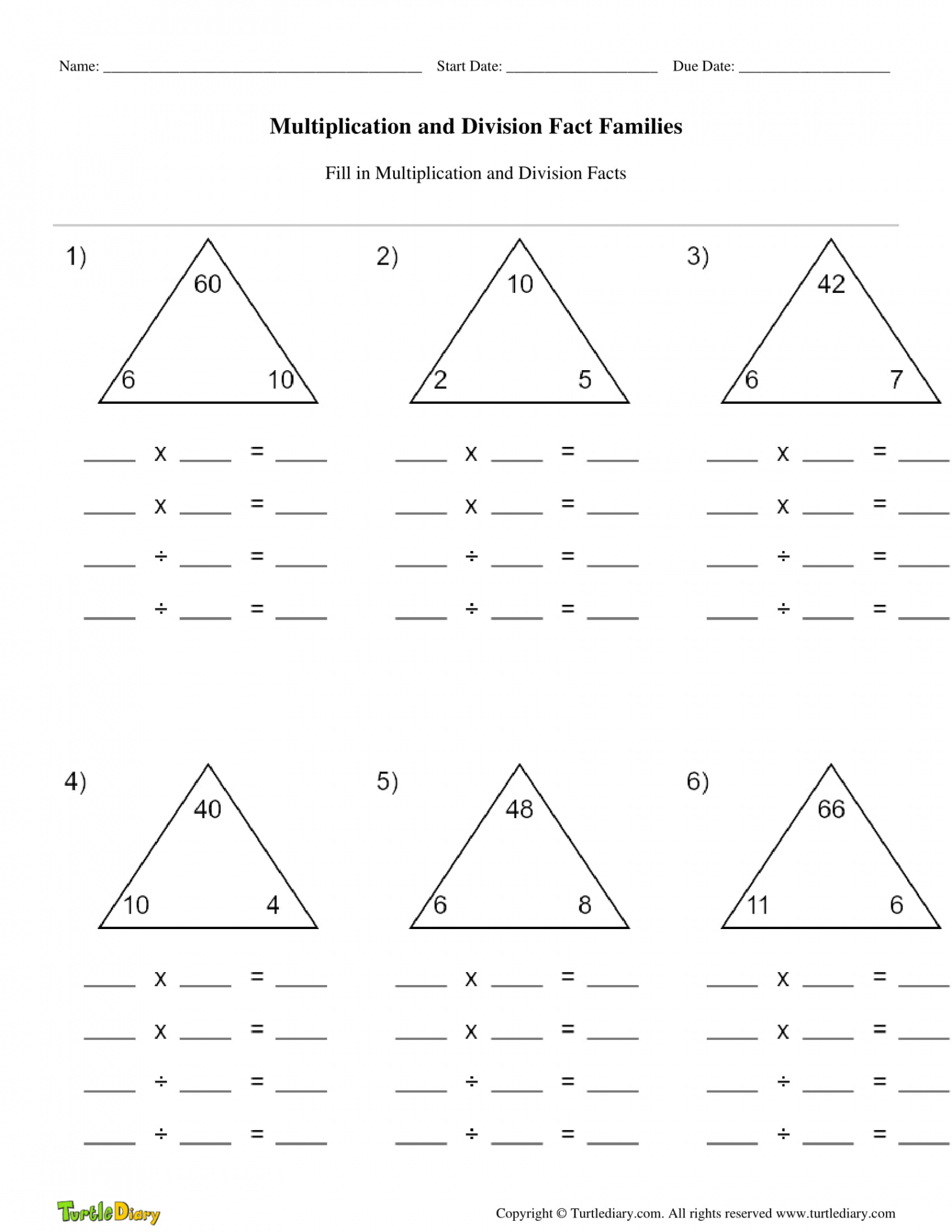 Multiplication and Division Fact Families  Turtle Diary