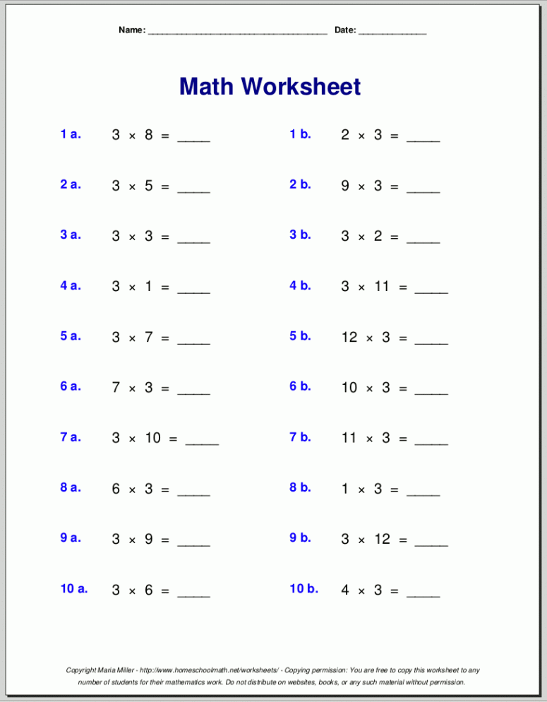 Multiplication worksheets for grade