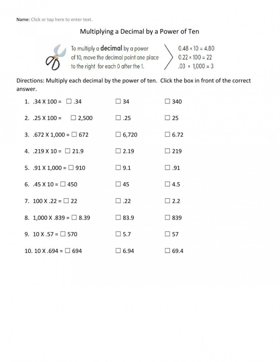 Multiplying a Decimal by Powers of Ten Multiple Choice worksheet