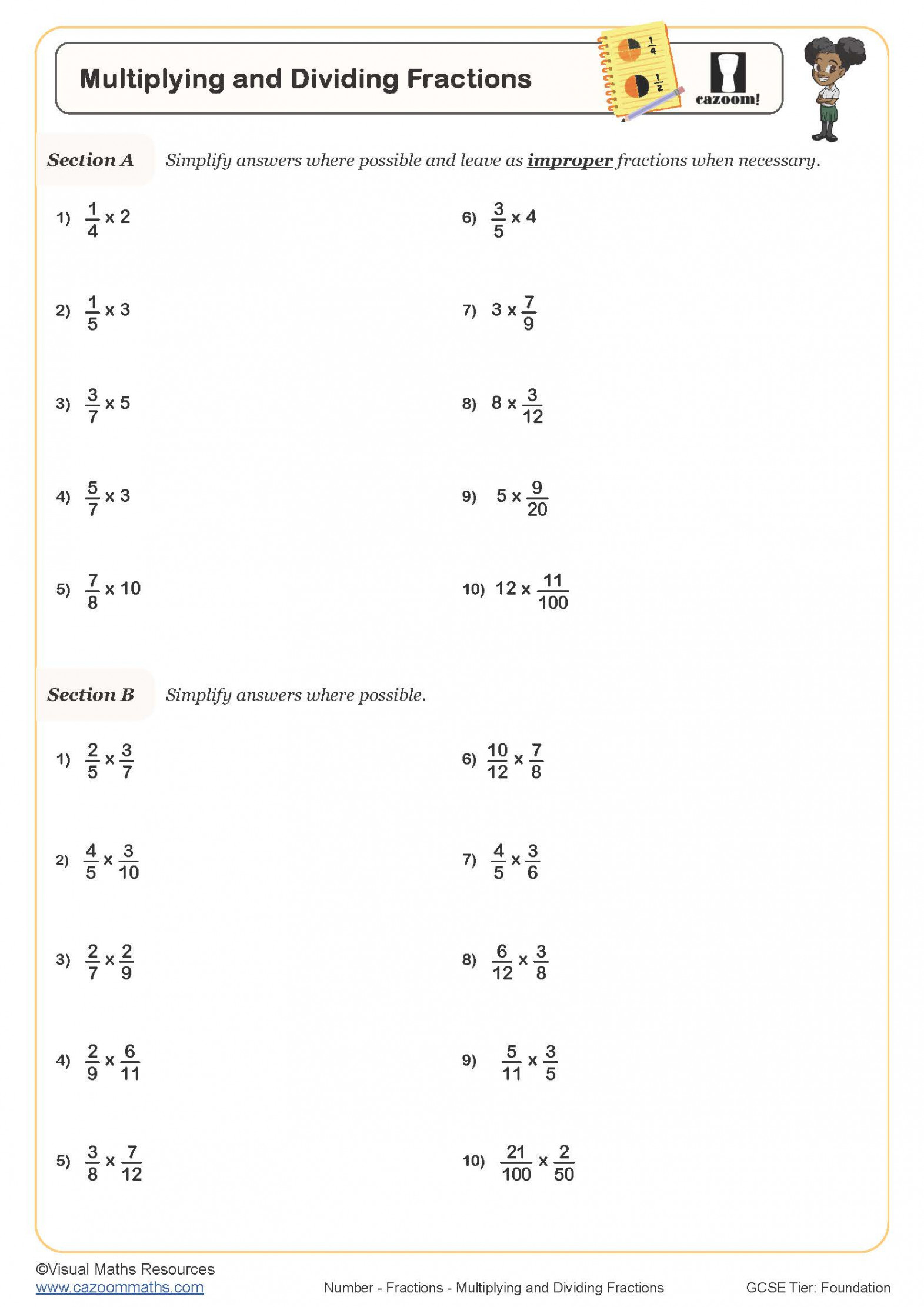 Multiplying and Dividing Fractions Worksheet  Printable PDF