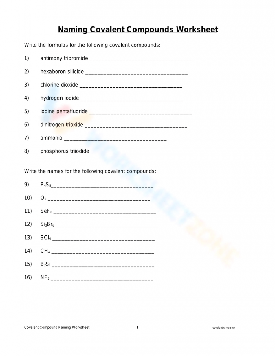 Naming Covalent Compounds Worksheet Worksheet