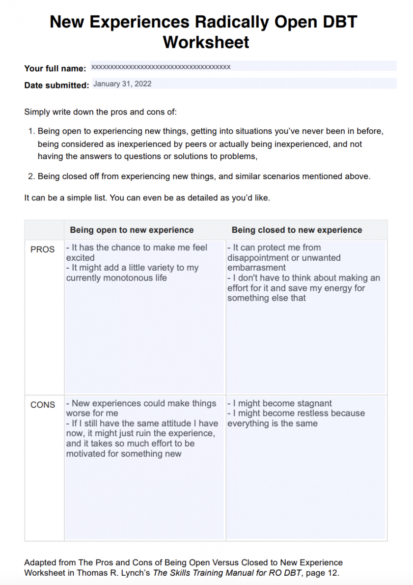 New Experiences Radically Open DBT Worksheet  Free PDF Download