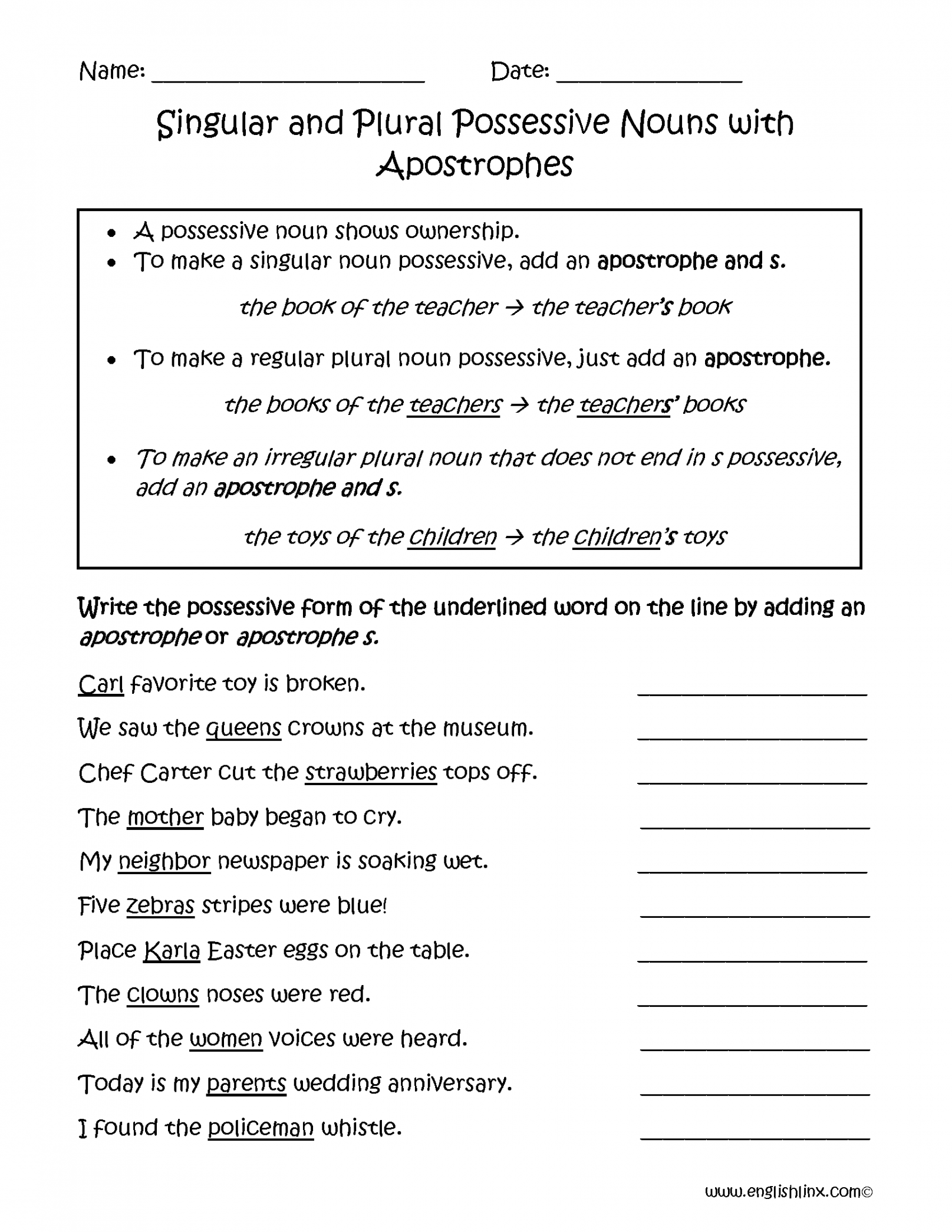 Nouns Worksheets  Possessive Nouns Worksheets  Possessive nouns