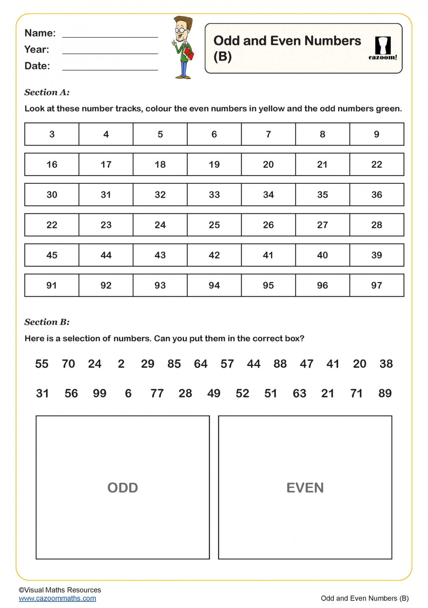 Odd and Even Numbers (B) Worksheet  Key Stage  PDF Number Worksheets