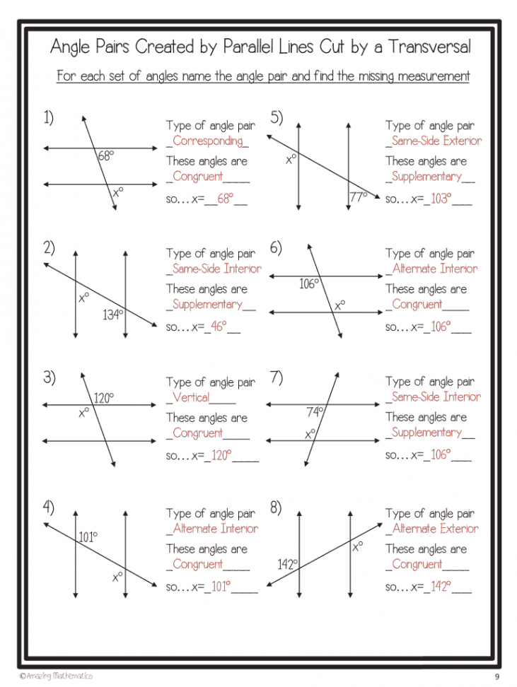 Parallel lines cut by a transversal worksheet with answers pdf