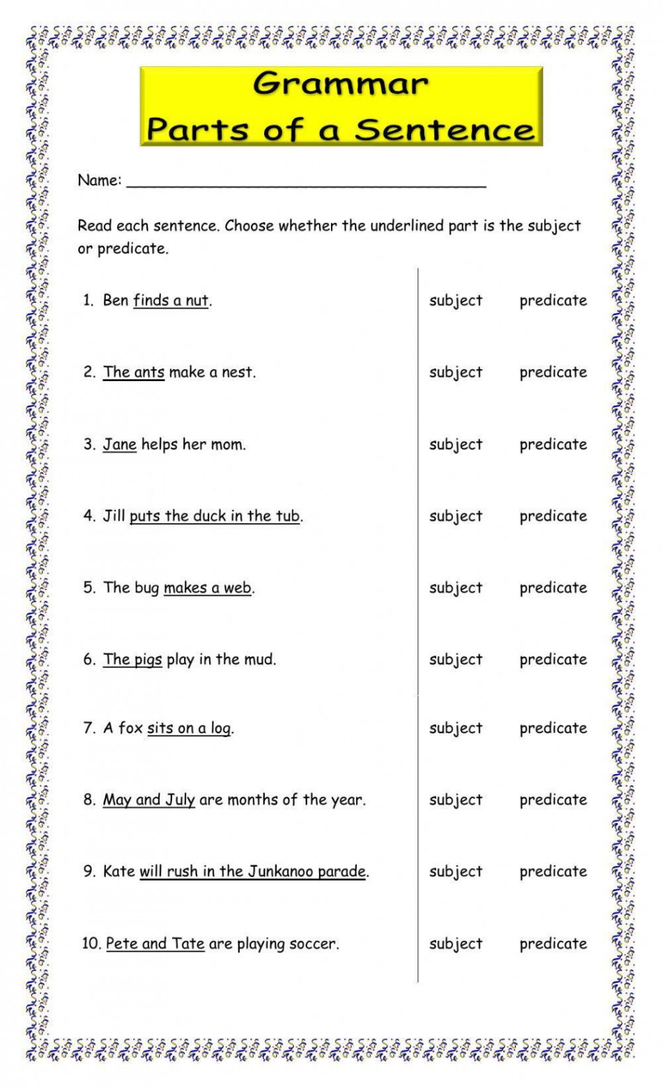 Parts of a sentence Grammar exercise  Live Worksheets