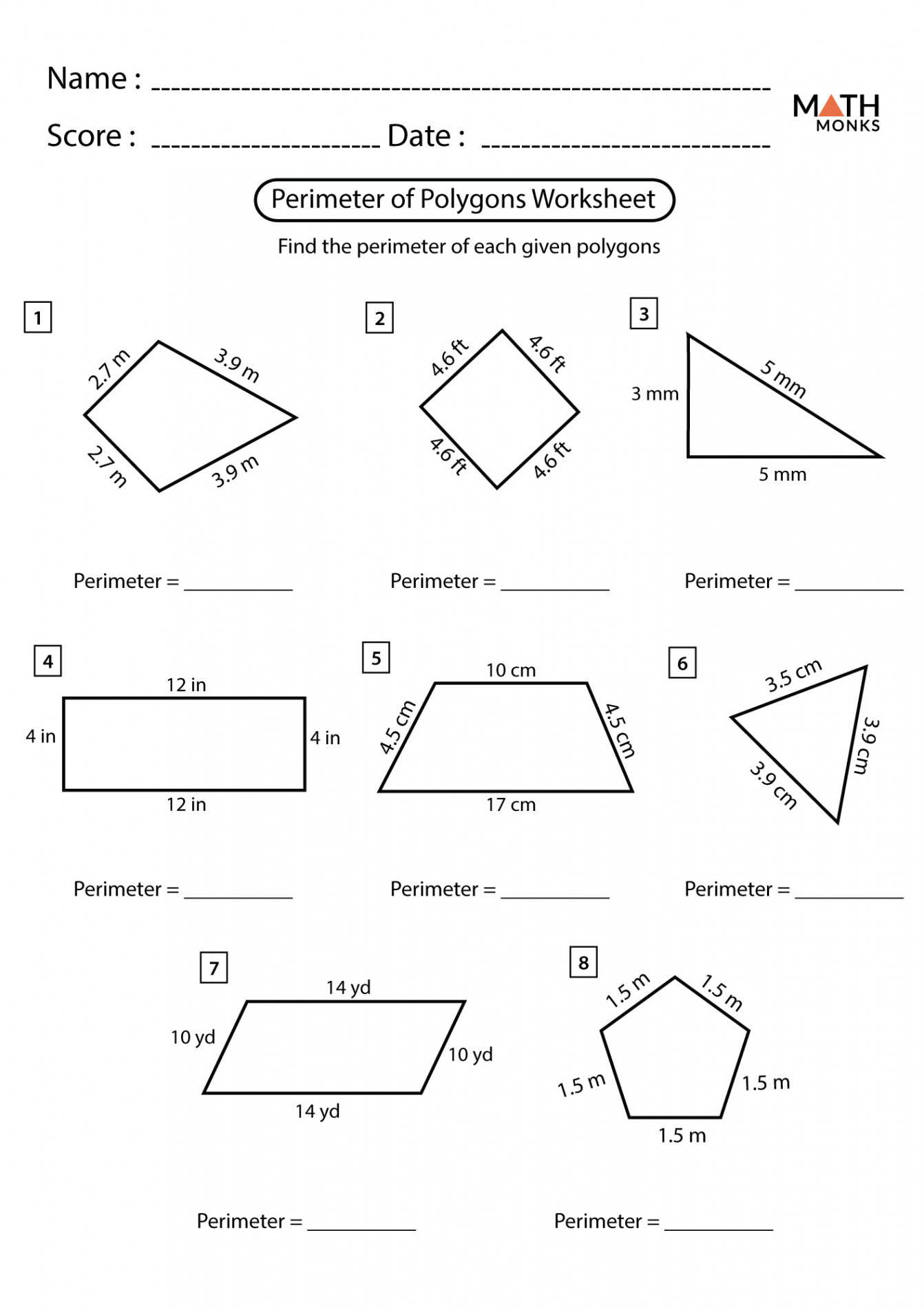 Perimeter of Polygons Worksheets - Math Monks