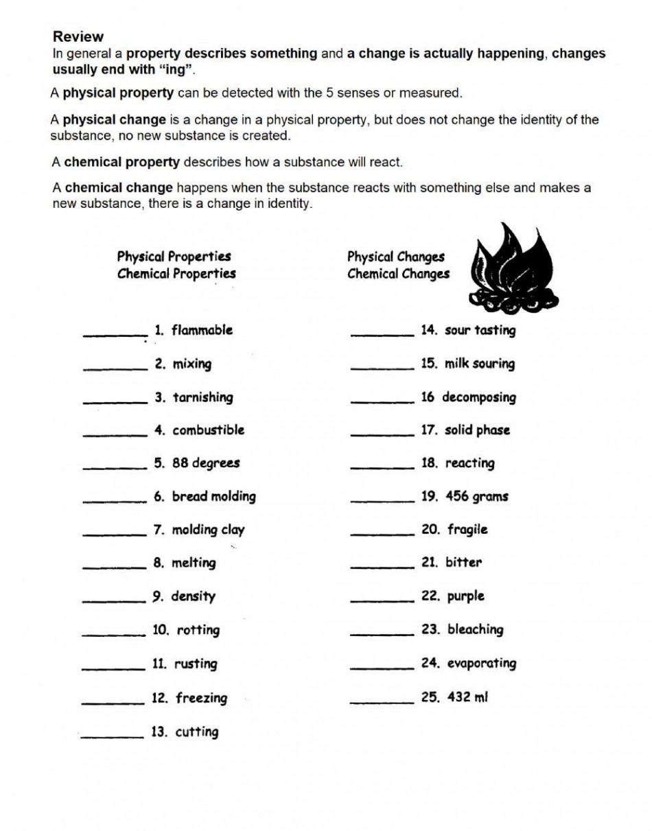 Physical And Chemical Change Worksheet  Chemical changes