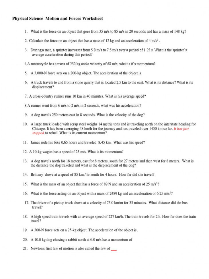 Physical Science Motion and Forces Worksheet  PDF  Force  Gravity