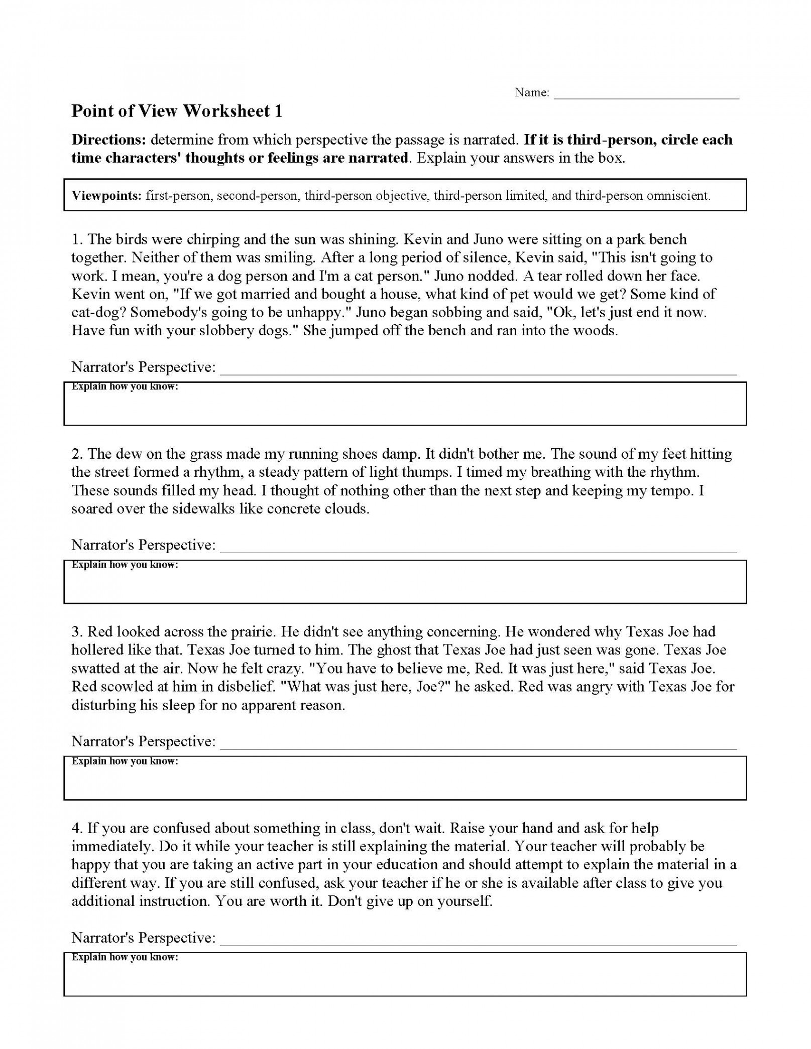 Point of View Worksheet   Reading Activity