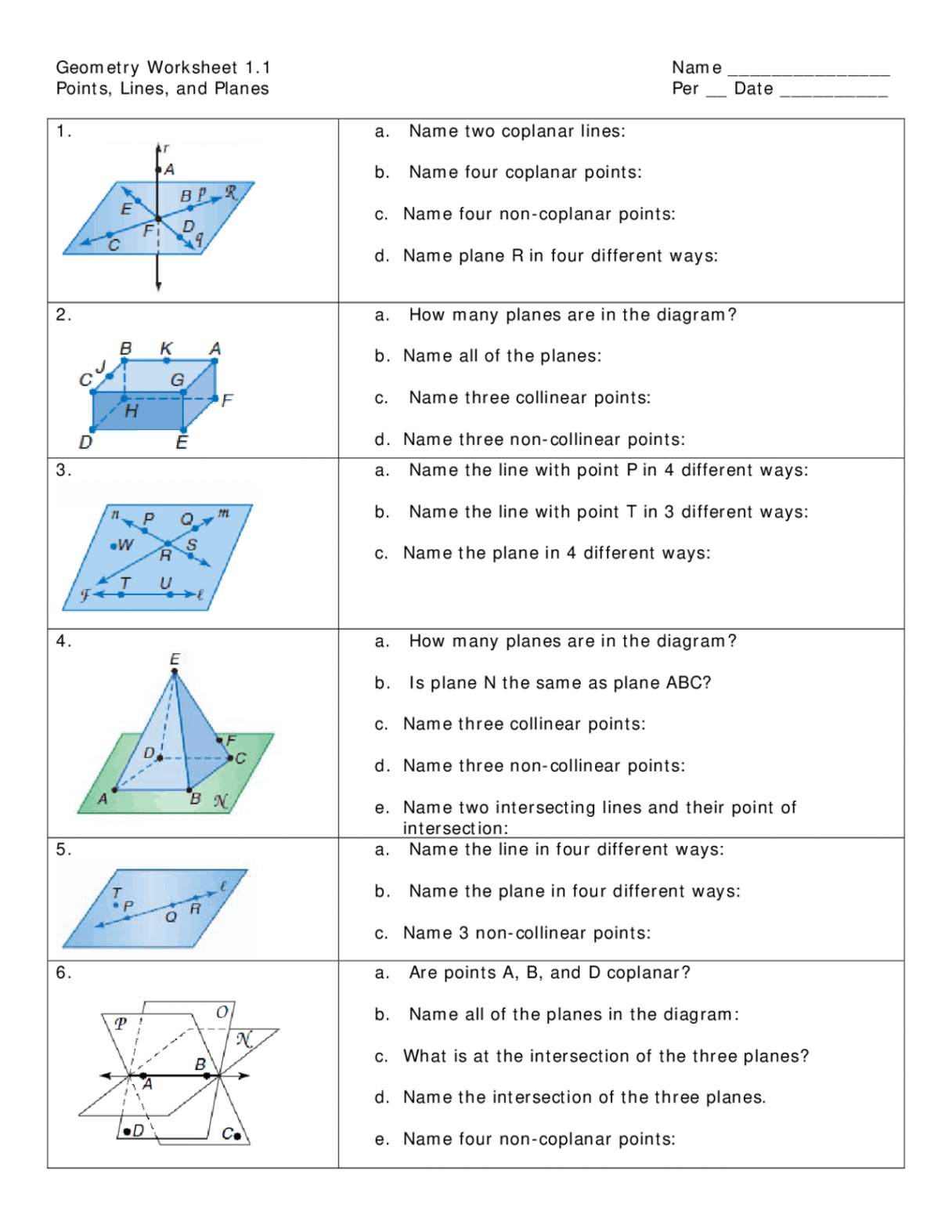 Points, Lines, and Planes Per __ Date  Study notes Geometry  Docsity